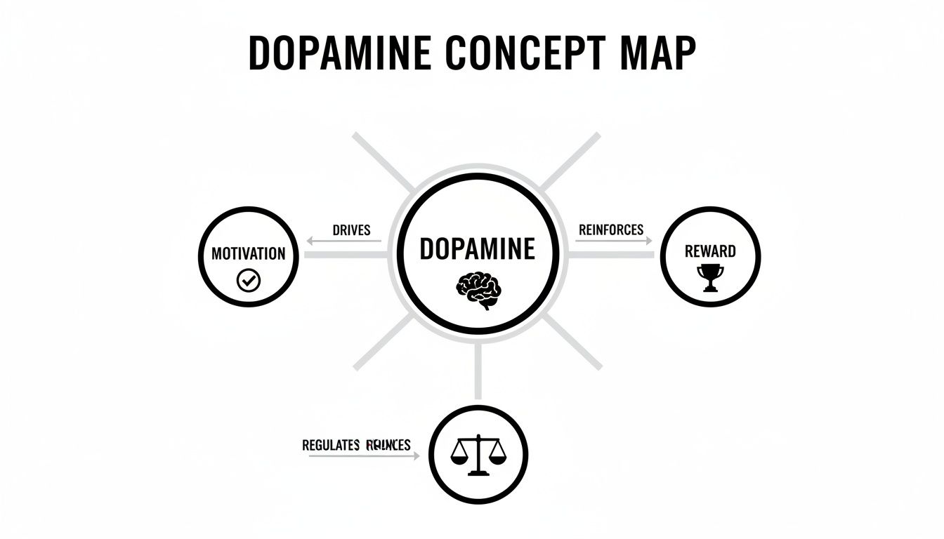 A concept map illustrating dopamine's role in motivation, reward, and regulation with icons.