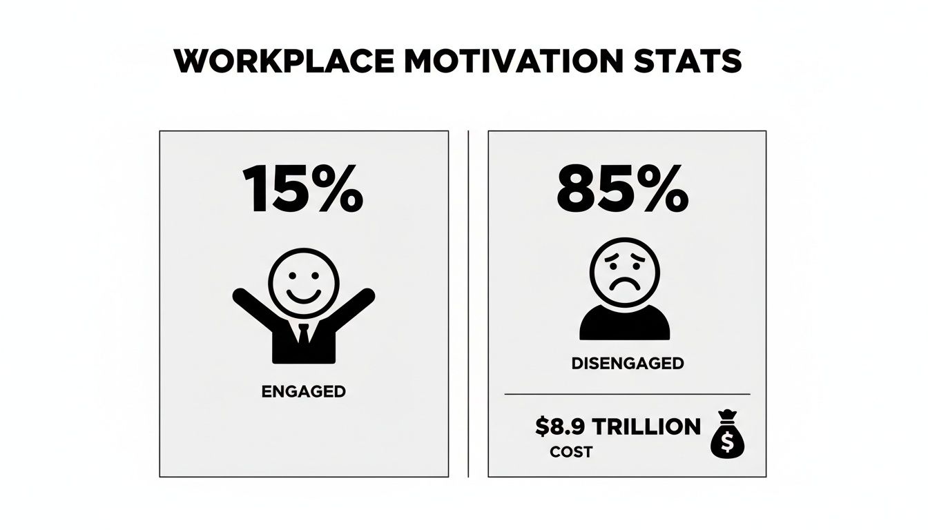 Infographic showing 15% engaged and 85% disengaged employees, with disengagement costing $8.9 trillion.