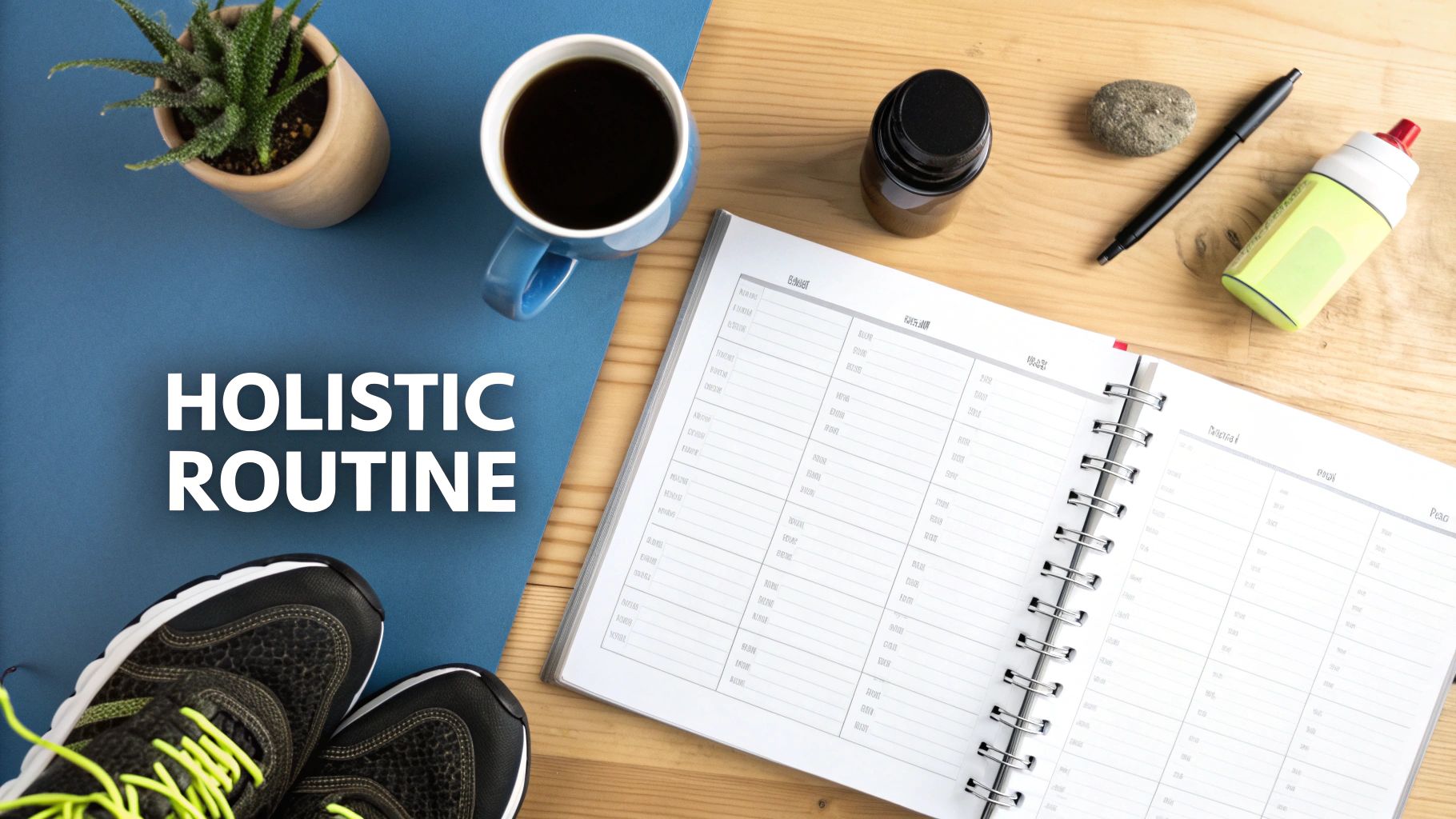 Flat lay of a desk with 'HOLISTIC ROUTINE' text, running shoes, coffee, plant, and planner.