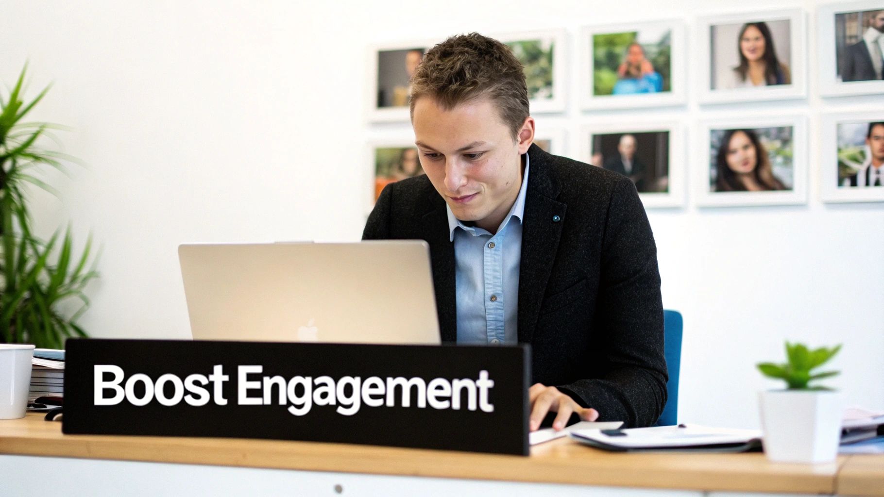 A young man in a blazer is focused on his laptop at a desk with a 'Boost Engagement' sign.