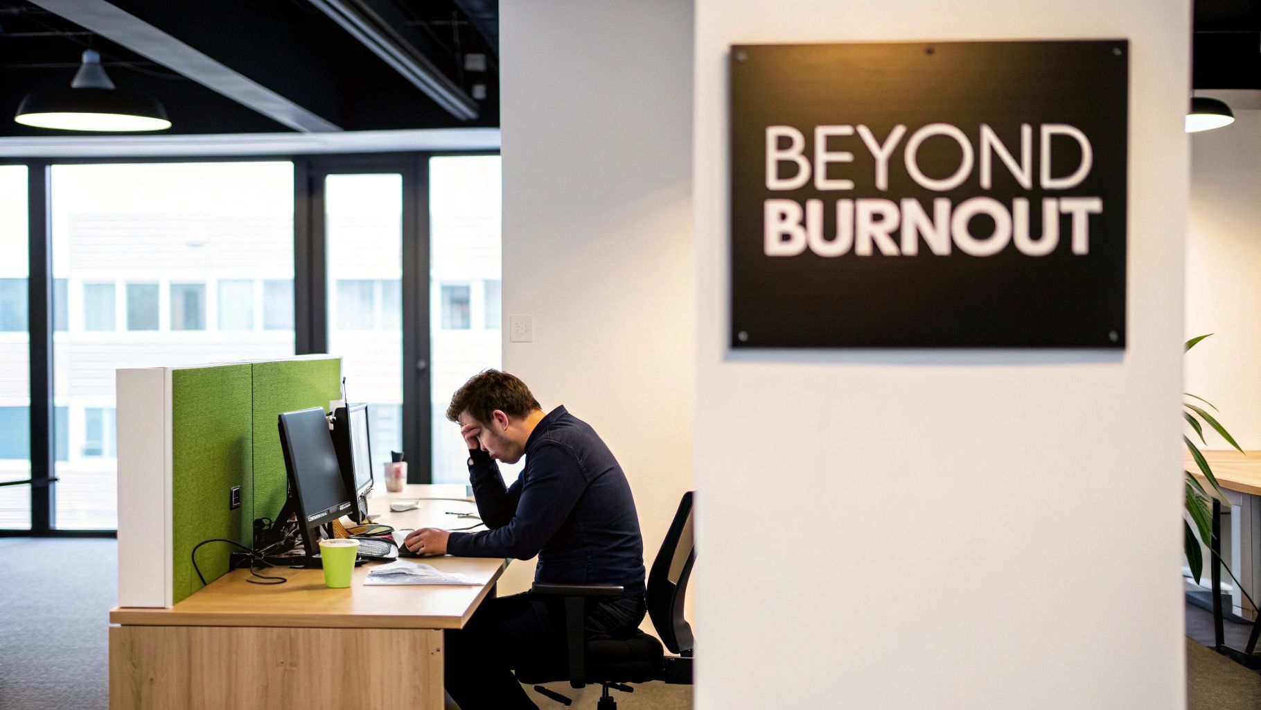 A man looking stressed at his office desk, with a 'Beyond Burnout' sign on the wall.