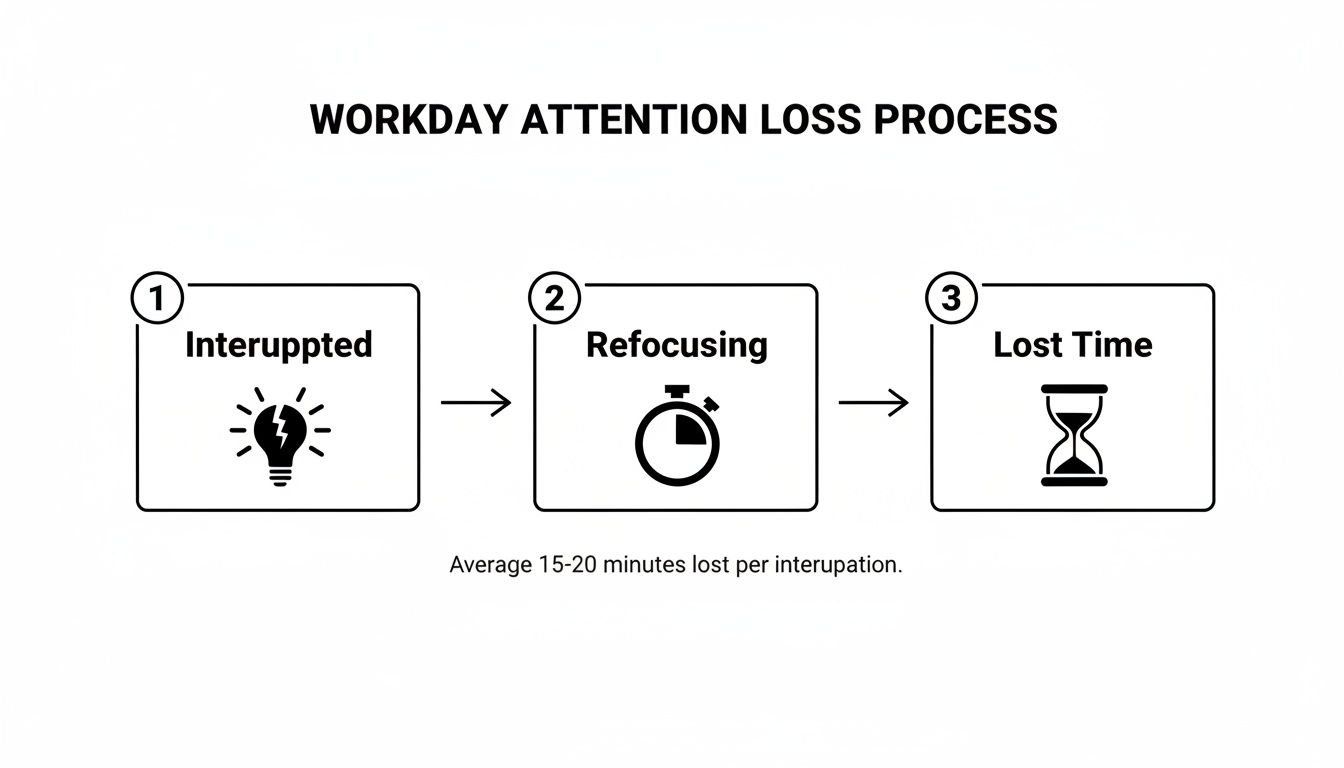 Infographic showing the workday attention loss process: Interrupted, Refocusing, and Lost Time, with 15-20 minutes lost per interruption.