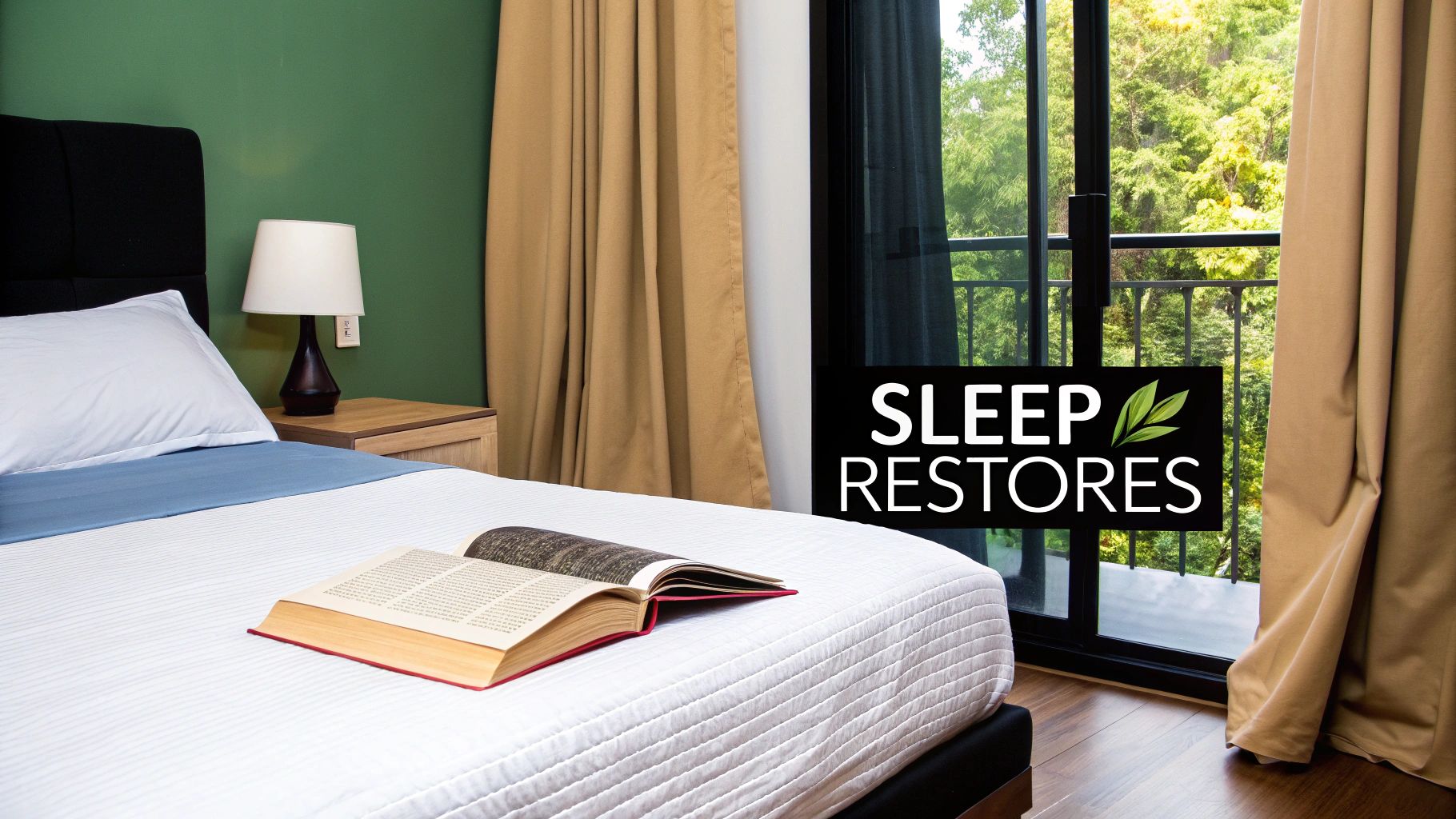 A serene bedroom with a made bed, open book, nightstand lamp, and a balcony view of lush green trees.