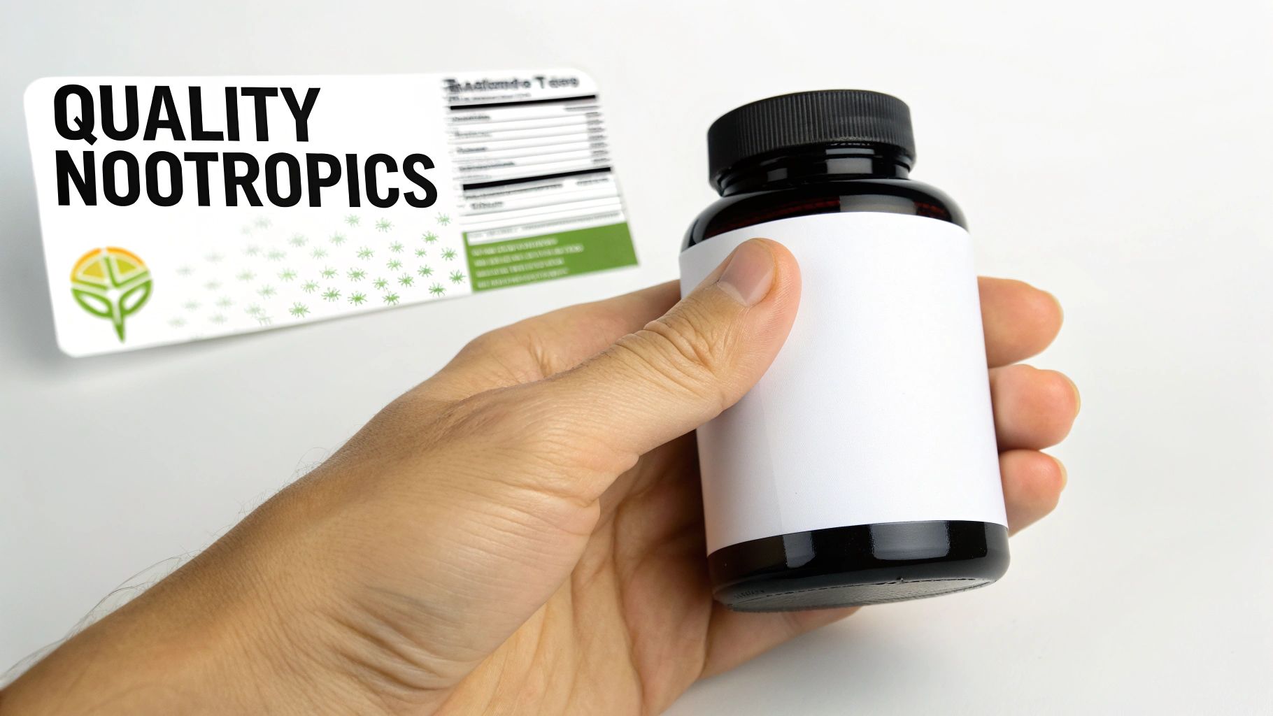 A hand holds a dark bottle with a blank white label, while a card saying 'QUALITY NOOTROPICS' is in the background.