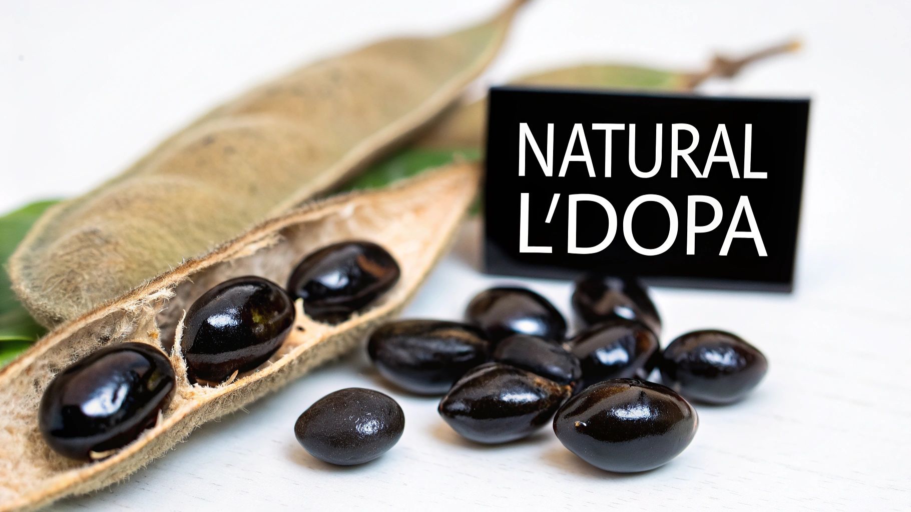 Close-up of an open mucuna seed pod with black seeds, scattered seeds, and a 'NATURAL L'DOPA' sign.