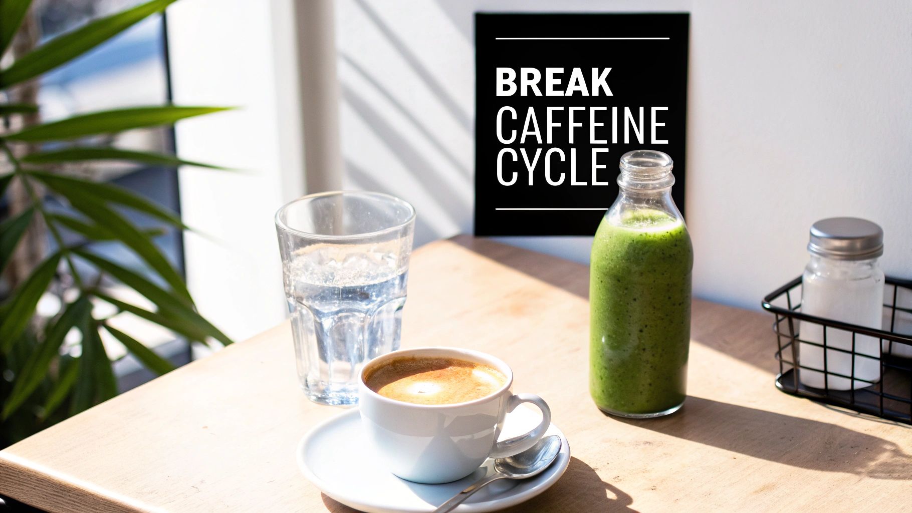 A bright table setup with water, coffee, green smoothie, and a 'BREAK CAFFEINE CYCLE' sign.