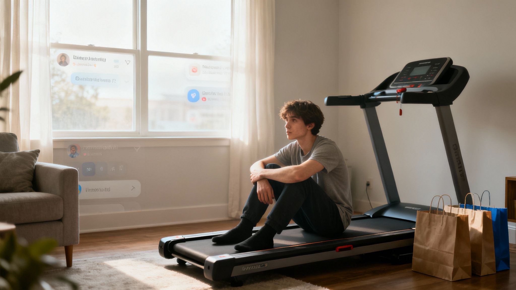 Young man sitting on a treadmill, looking out a window with augmented reality overlays.