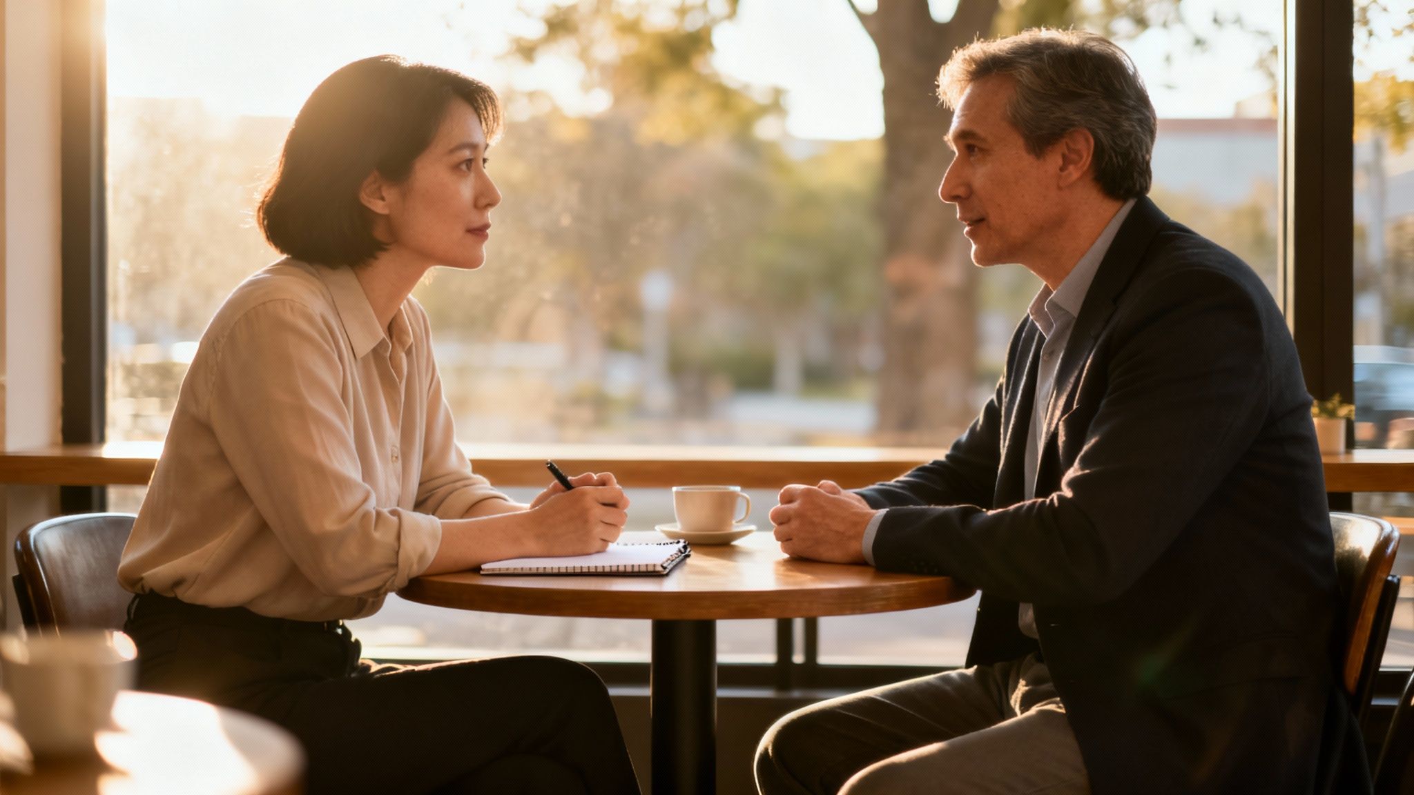 Two professionals discussing at a cafe table, with a woman taking notes during their conversation.