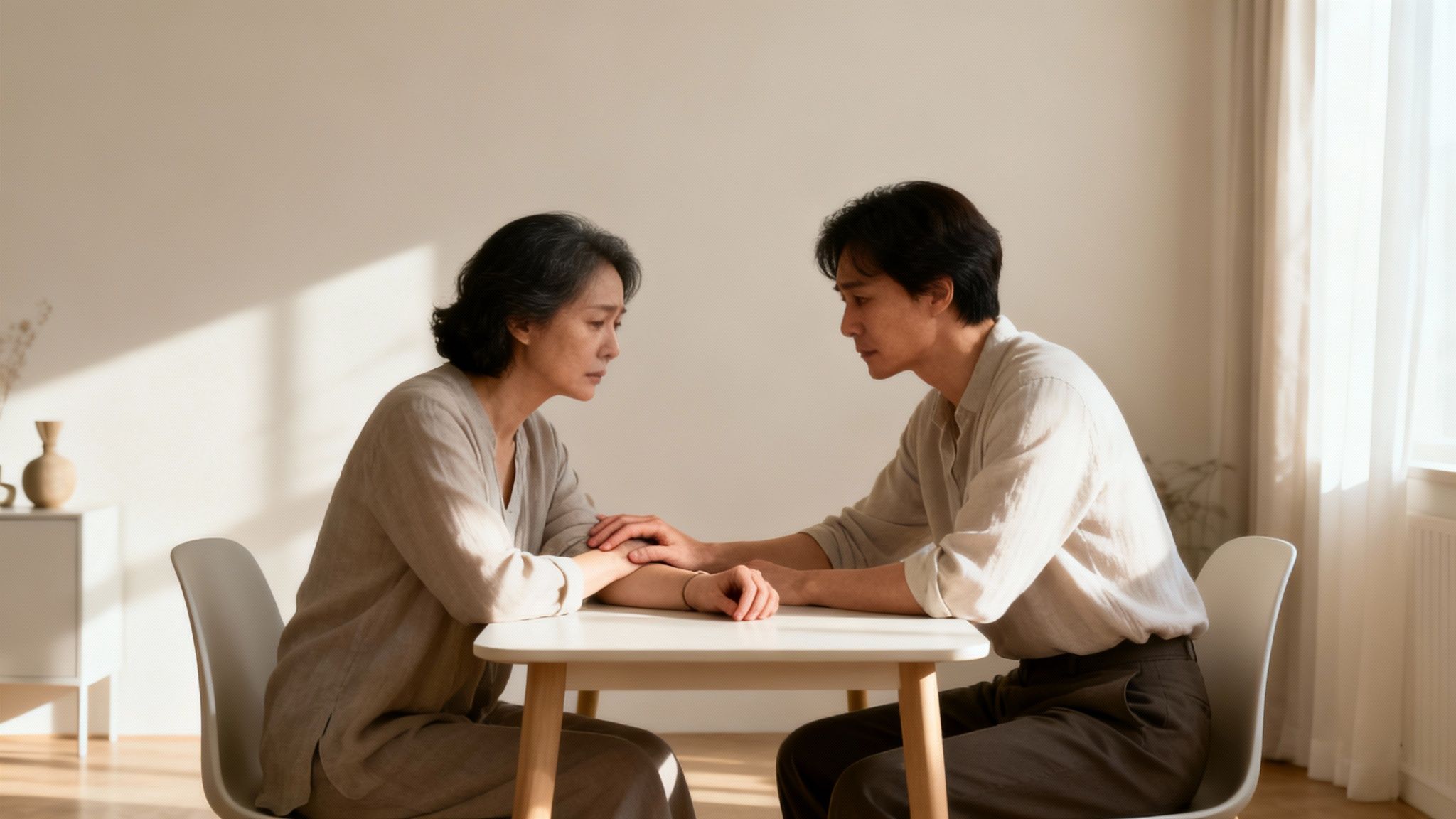Two solemn Asian people sit at a table, holding hands, offering comfort during a difficult conversation.