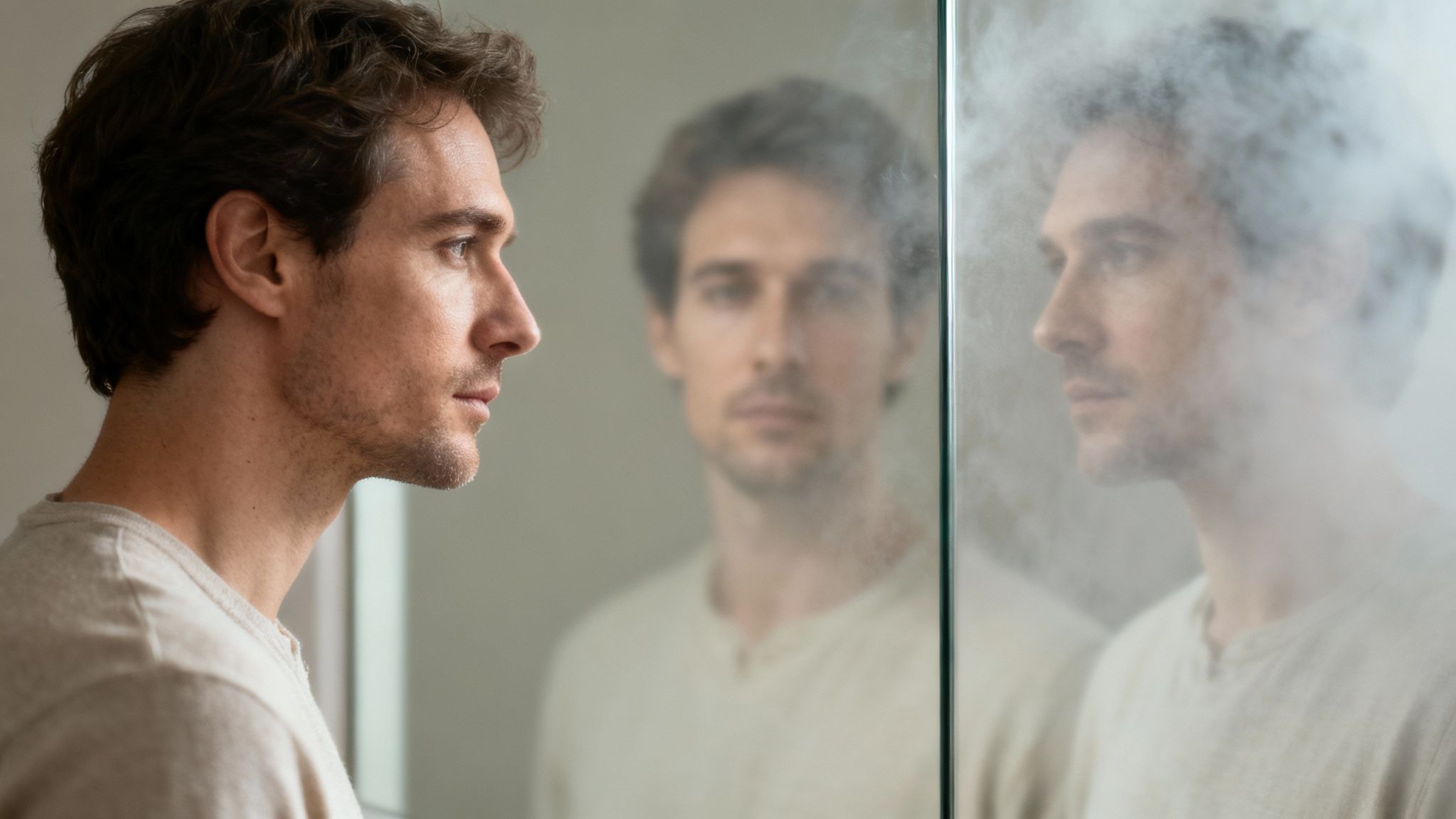 A pensive man looks at his blurred reflection in a steamy mirror. Personal Values Examples. 