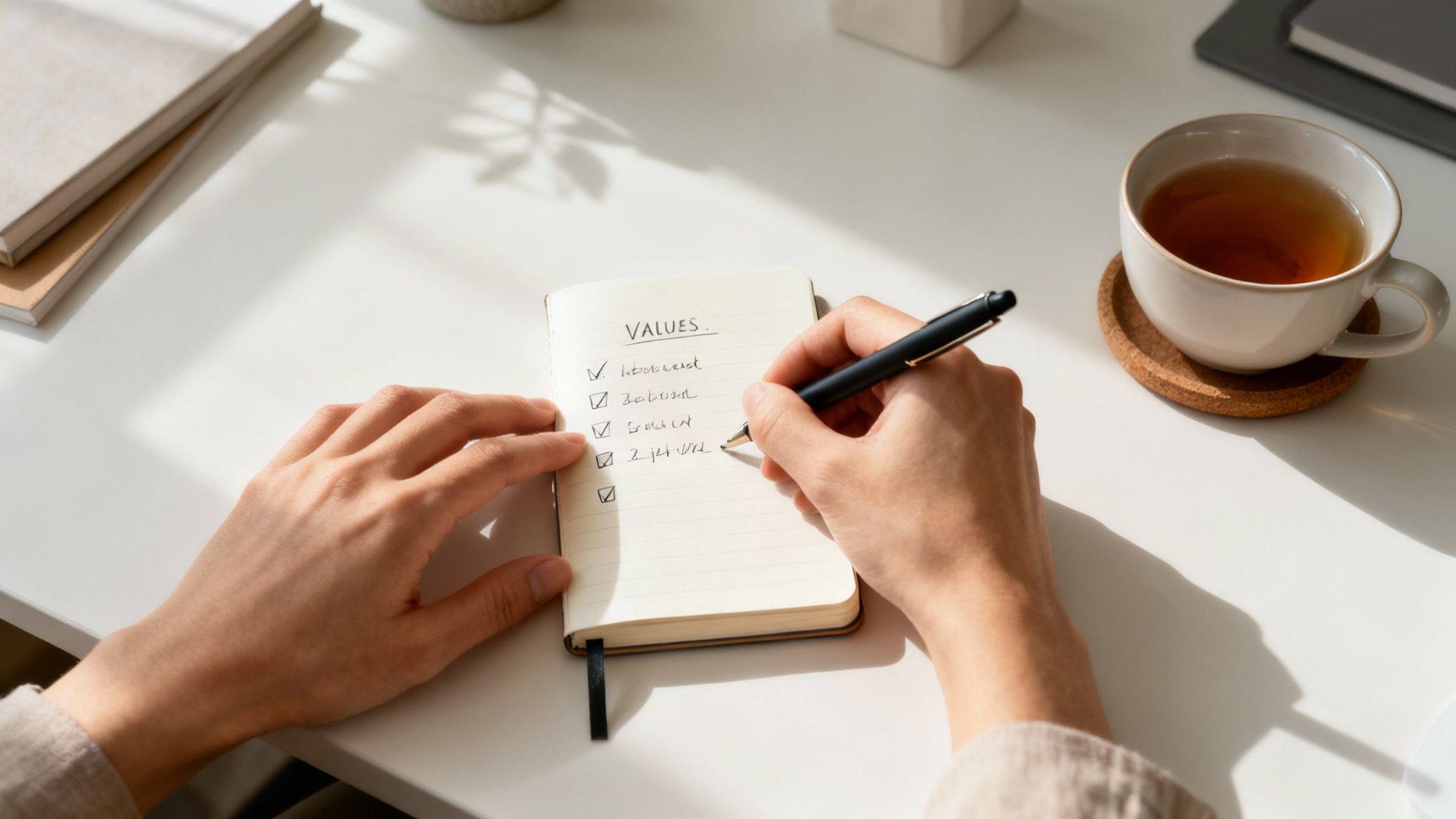 Person writing 'VALUES' in a notebook with a pen, beside a cup of tea on a desk.