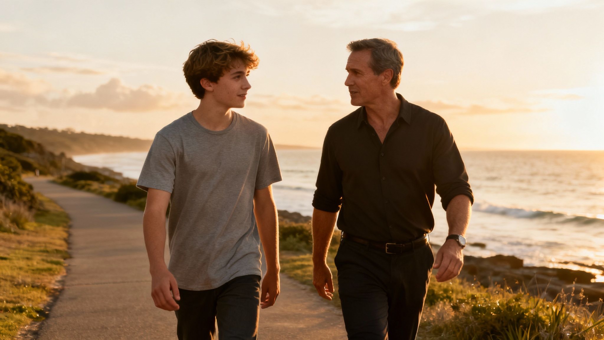 A father and son walk on a coastal path at sunset, sharing a warm moment.