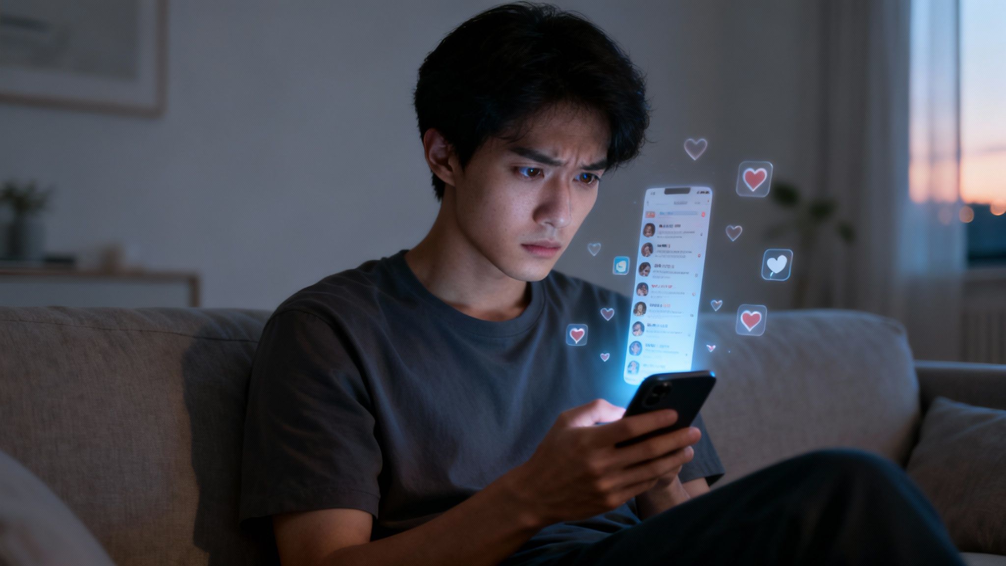 Young man intensely watching a smartphone with glowing holographic social media icons and likes.