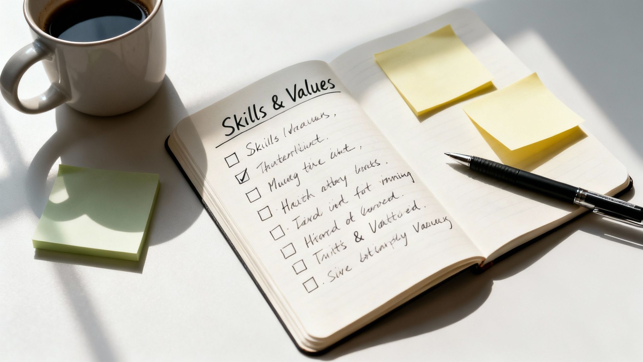 An open notebook titled 'Skills & Values' with a checklist, coffee mug, pen, and sticky notes on a table.
