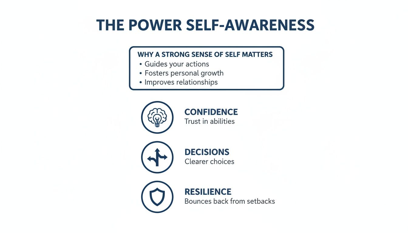 Infographic illustrating the power of self-awareness, explaining why it matters and its benefits like confidence, clearer decisions, and resilience.