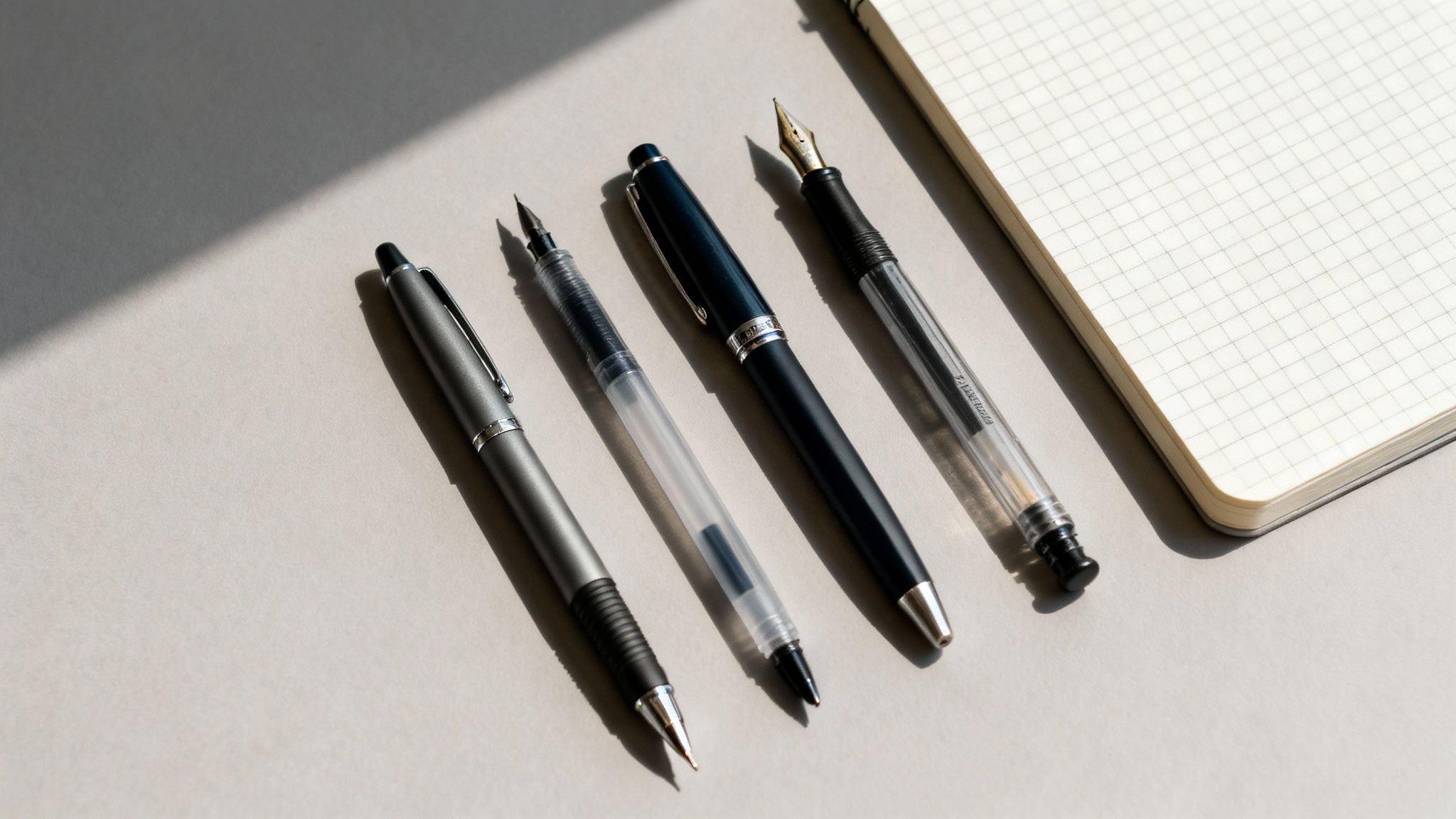 A flat lay of various pens (fountain, gel, ballpoint) and a grid-lined notebook on a desk with shadows.