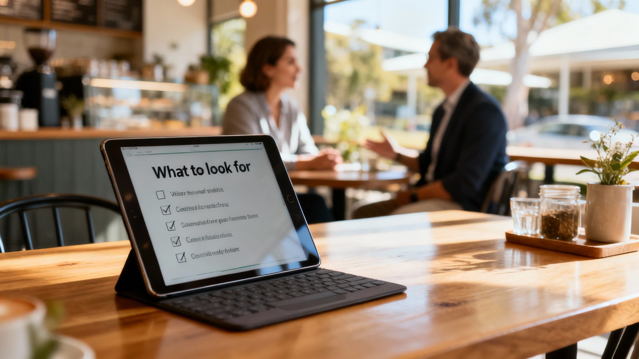 A tablet on a cafe table displays a 'What to look for' checklist, with two people having a discussion in the blurred background.