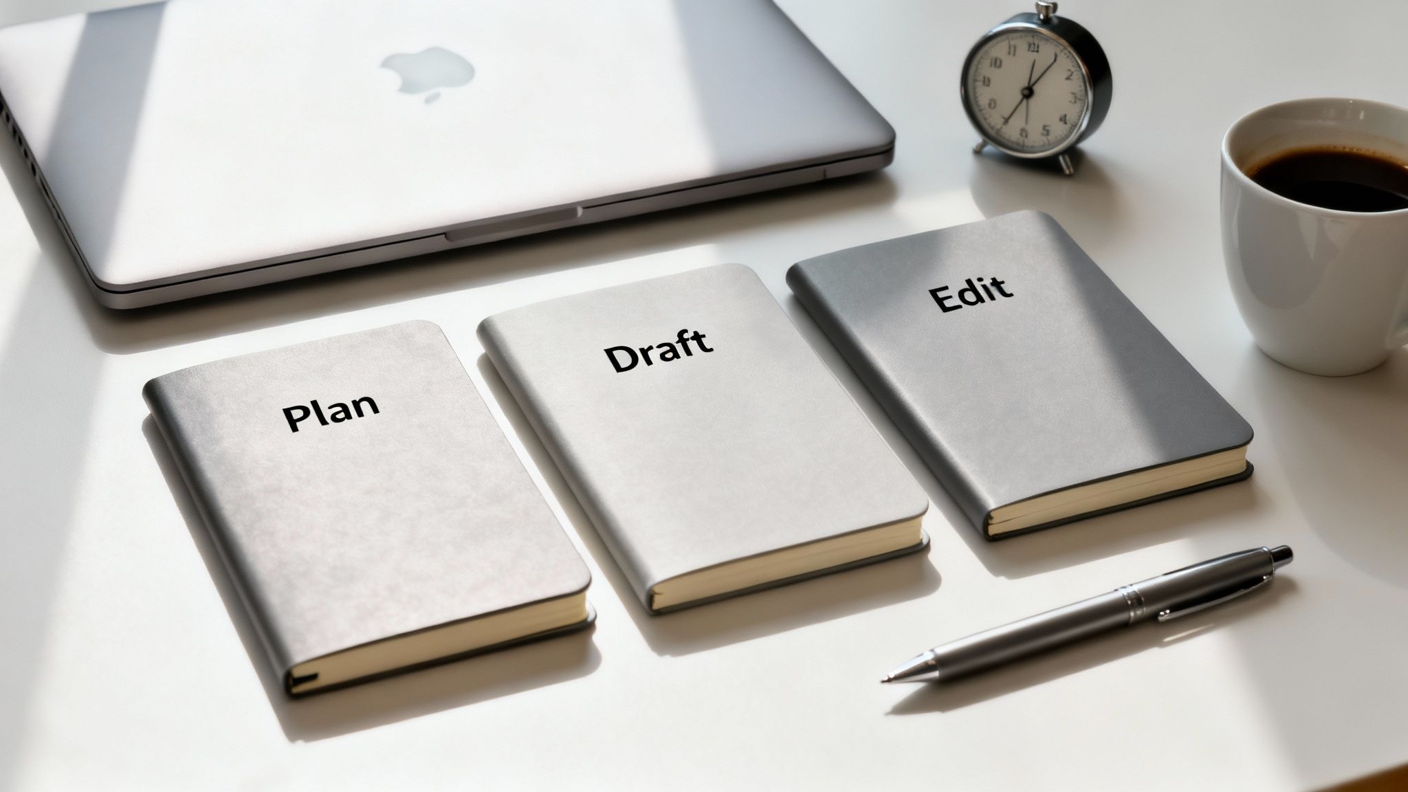 Three notebooks labeled Plan, Draft, and Edit on a desk with a laptop and coffee. How to Write Quicker.