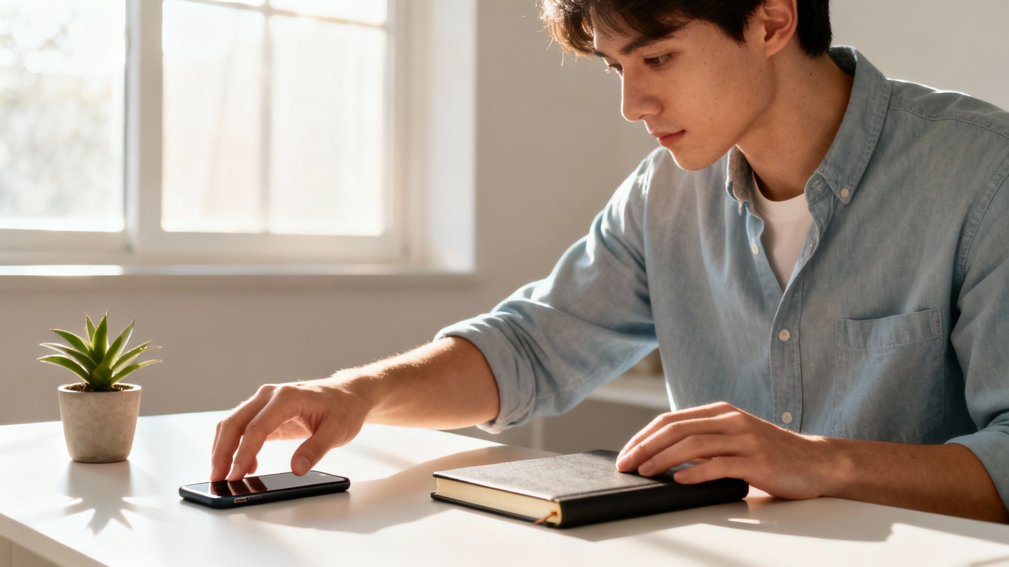 Young man reaches for his smartphone on a sunlit desk with a notebook and plant.