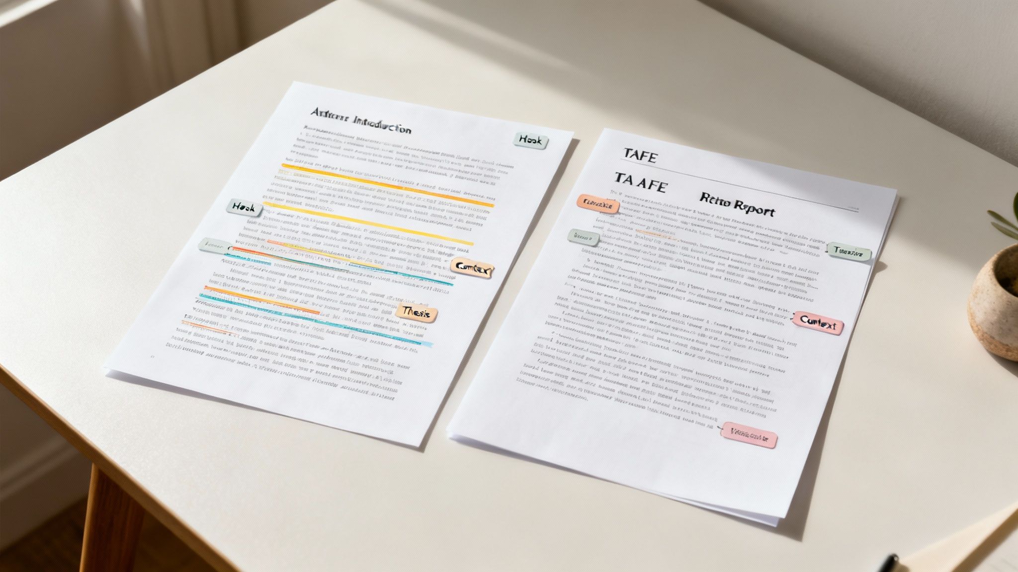Two documents with highlighted text and sticky labels for essay writing, including 'Hook', 'Context', and 'Thesis'. How to write essay introduction.