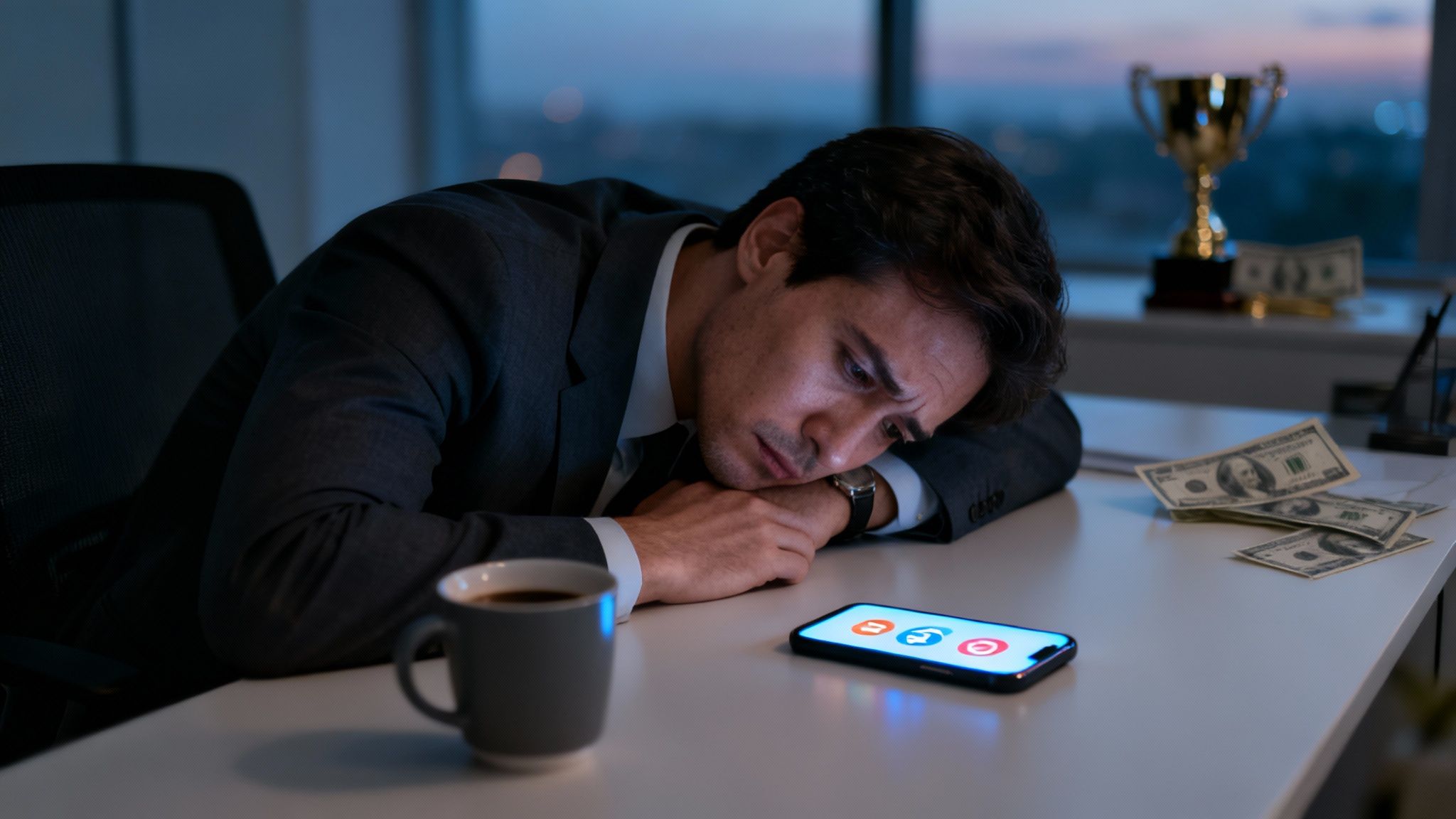 Tired businessman rests head on desk, looking at phone displaying emojis, money and trophy nearby.
