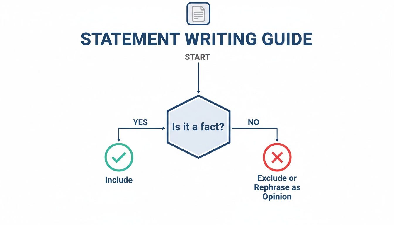 Flowchart guiding statement writing: include facts, exclude or rephrase opinions.