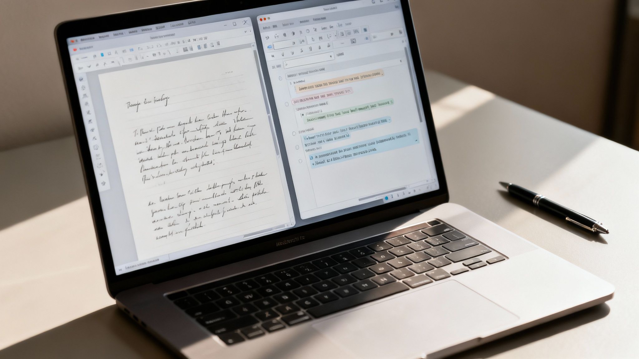 Laptop on a desk with a split screen displaying handwritten text and digital code, alongside a pen.