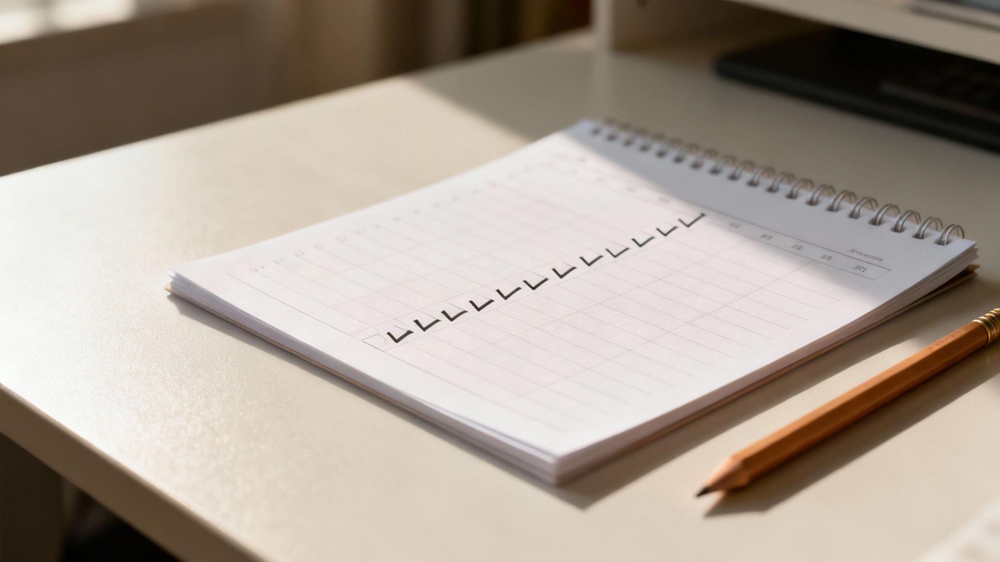 A spiral notebook with many 'L' shaped checkmarks on its pages, next to a wooden pencil on a sunlit desk.
