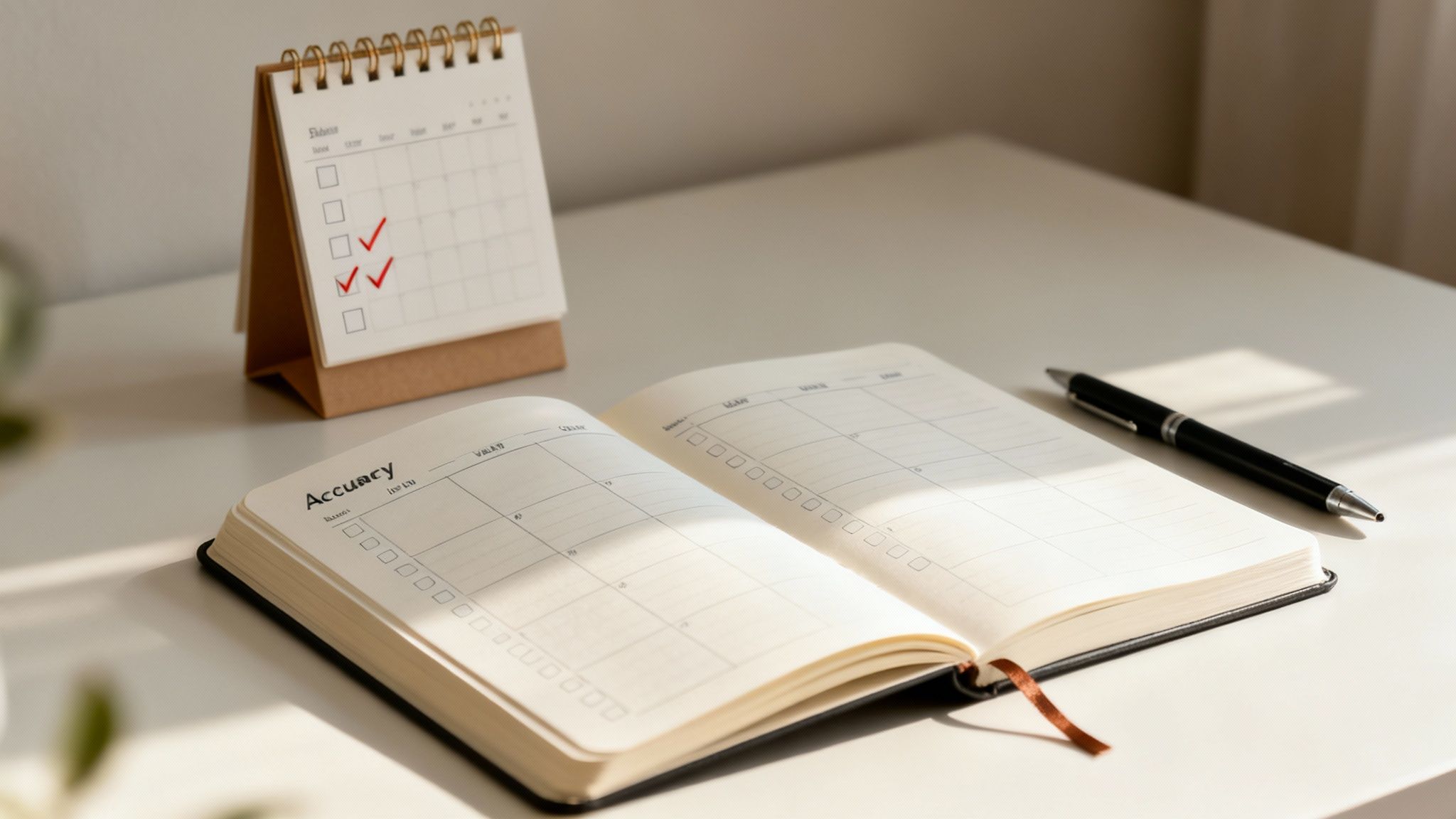 A desk with a small calendar showing checkmarks, a Personal Development Plan Template, and a black pen in sunlight.
