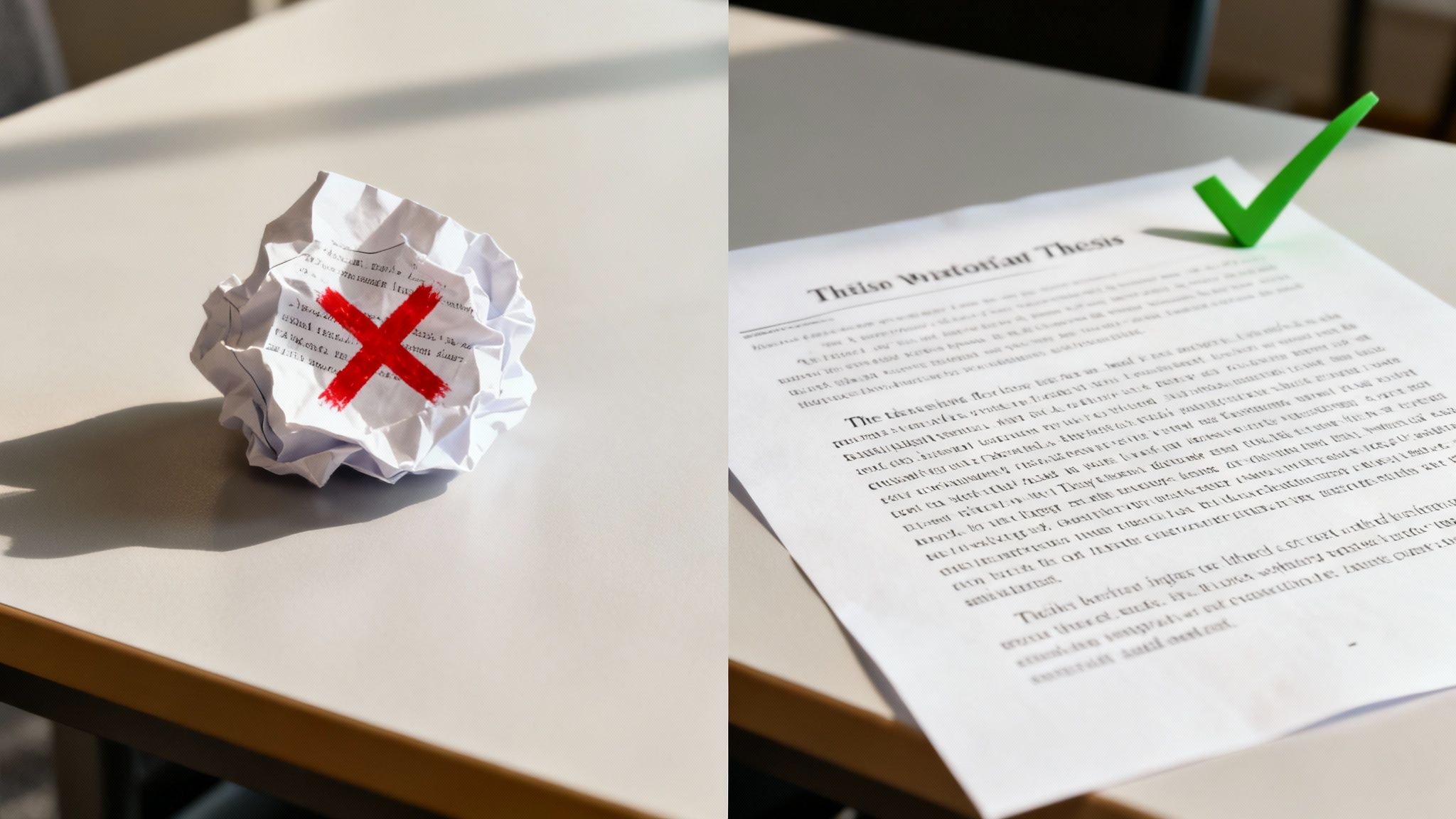 A crumpled paper with a red X next to a neat thesis with a green checkmark.