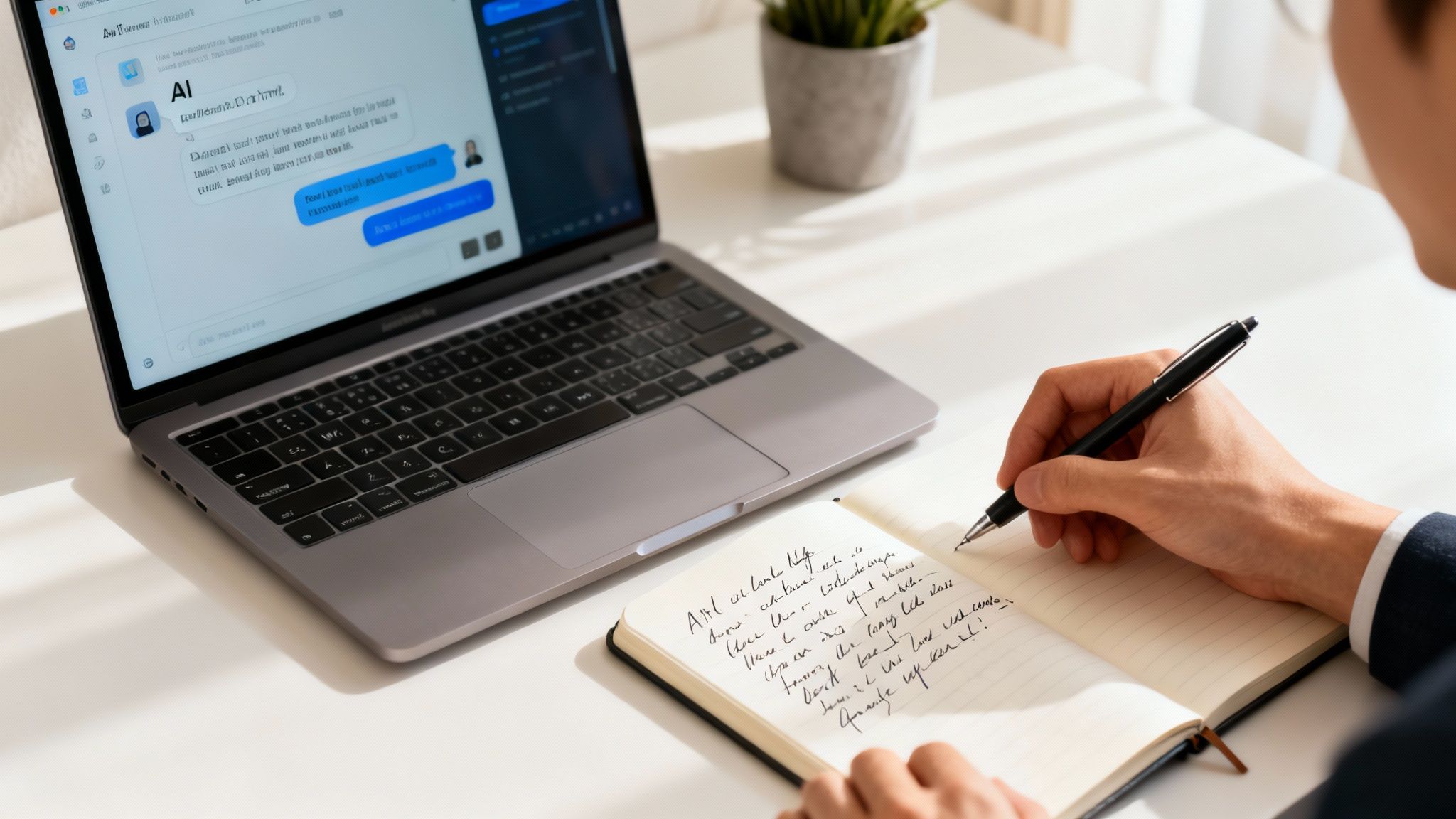 Person taking notes from an AI chat on a laptop, using a pen and notebook.