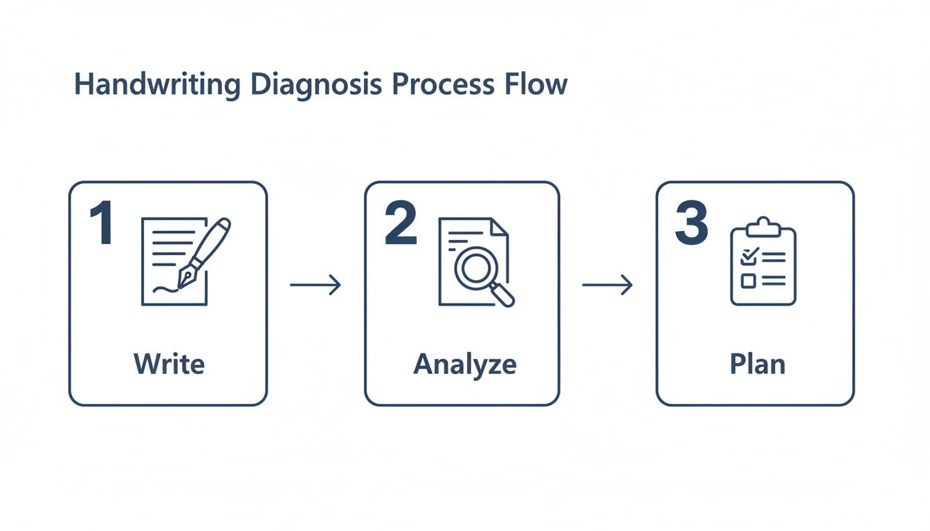 A three-step flowchart outlines the handwriting diagnosis process: Write, Analyze, and Plan. How to Write Neater.