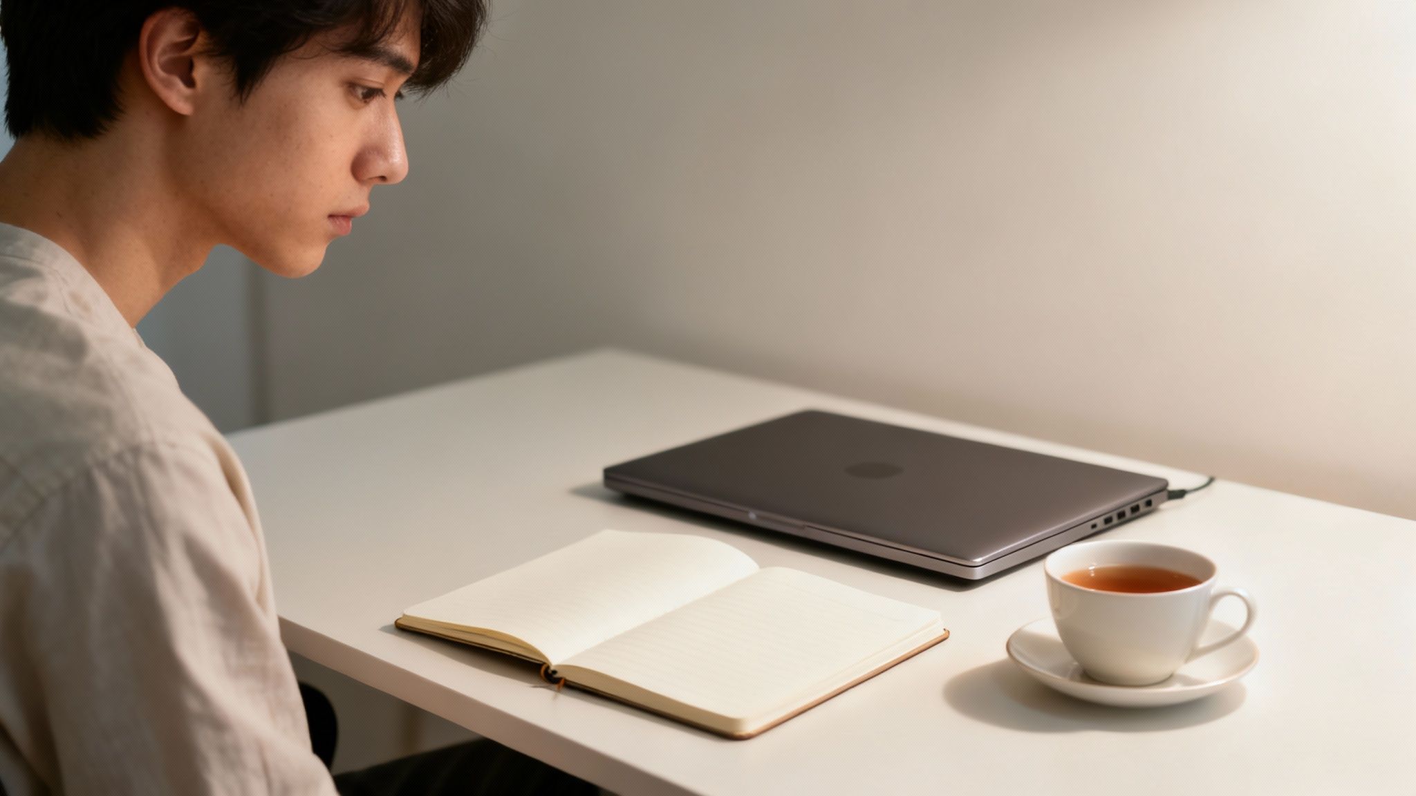 A young person sits at a white desk with a closed laptop, open notebook, and a cup of tea. How to overcome procrastination