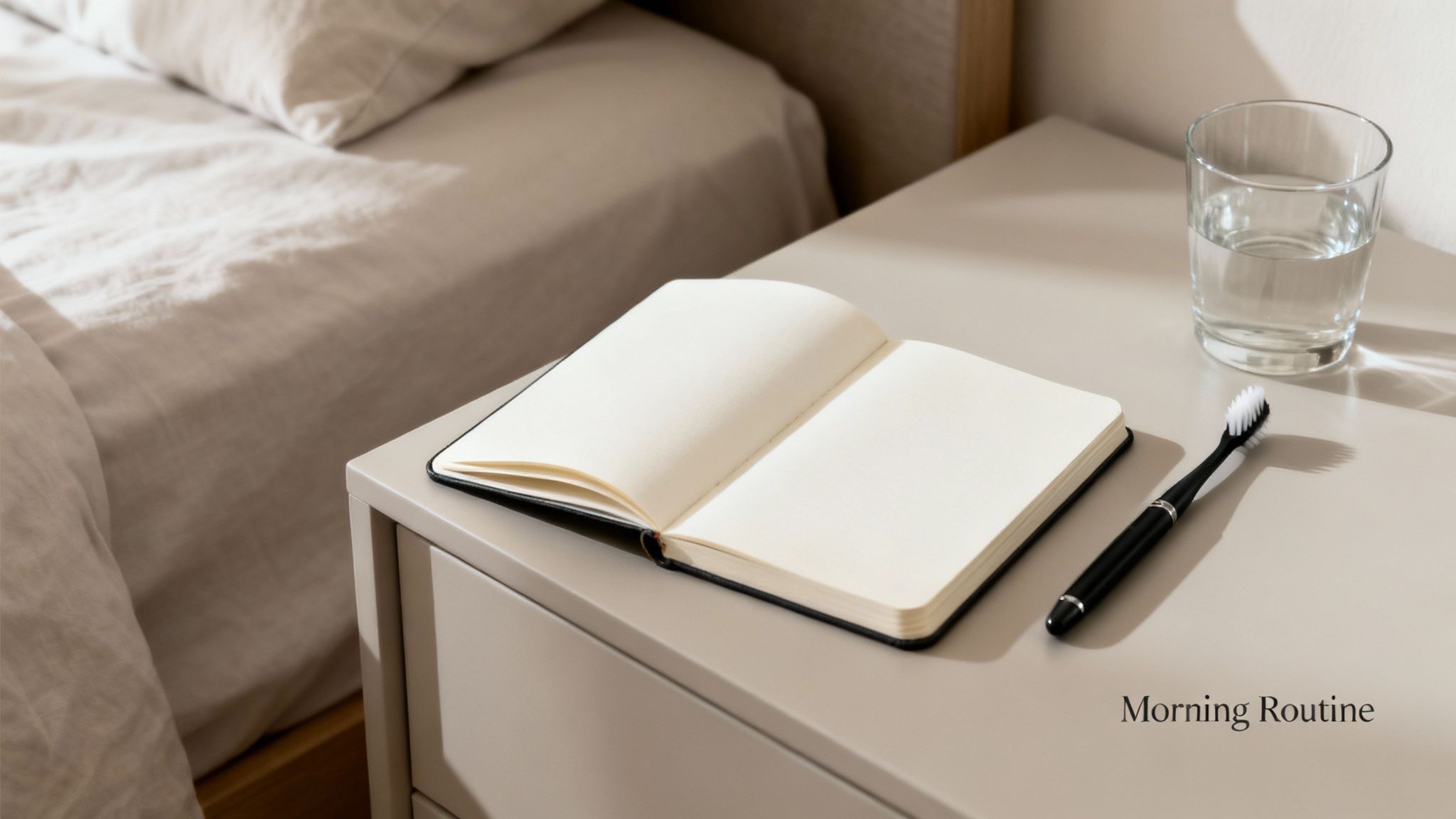 An open self improvement journal, glass of water, and toothbrush on a bedside table next to a bed.