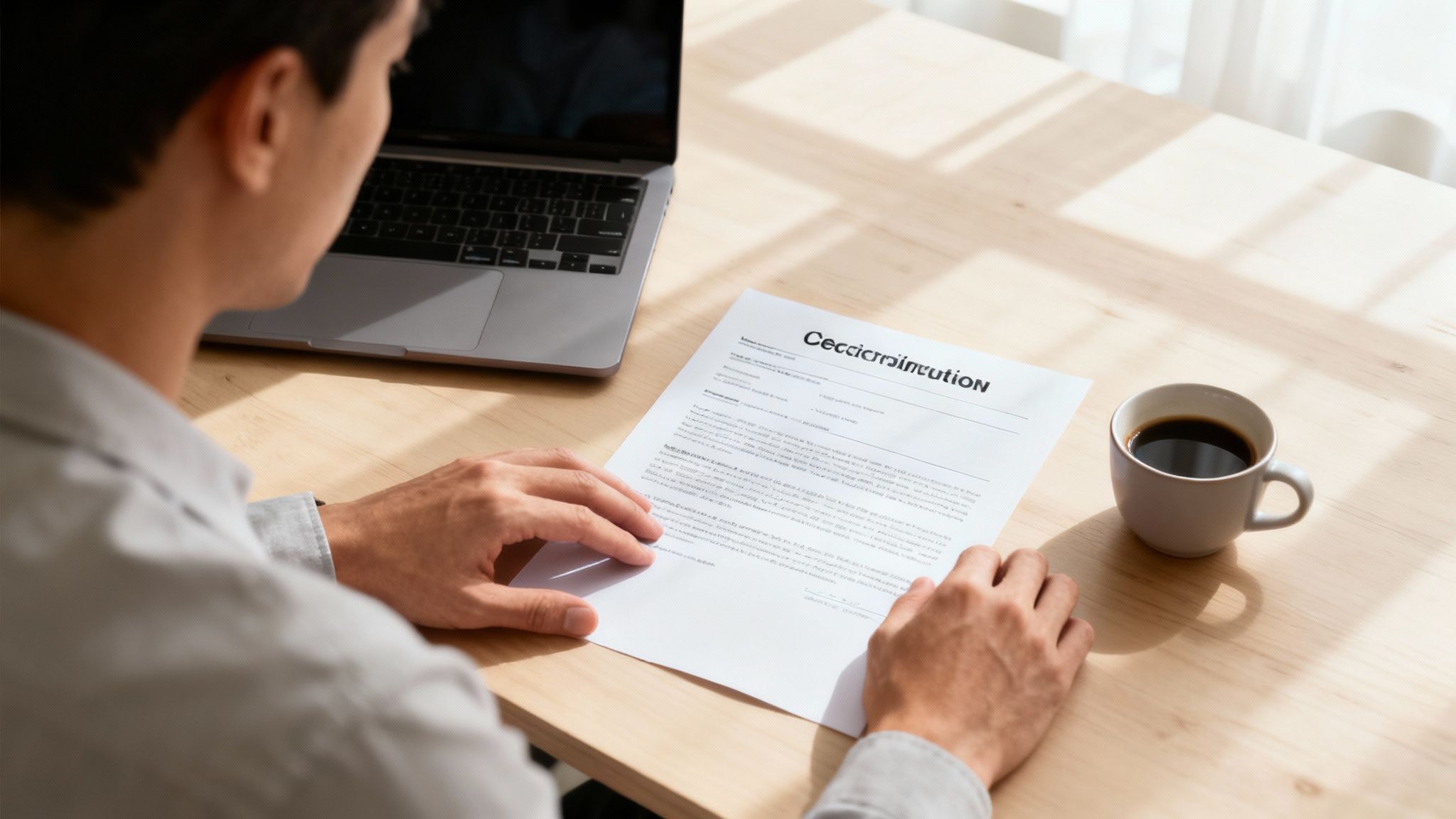 Man reading an official document on a light wooden desk with a laptop and coffee cup.