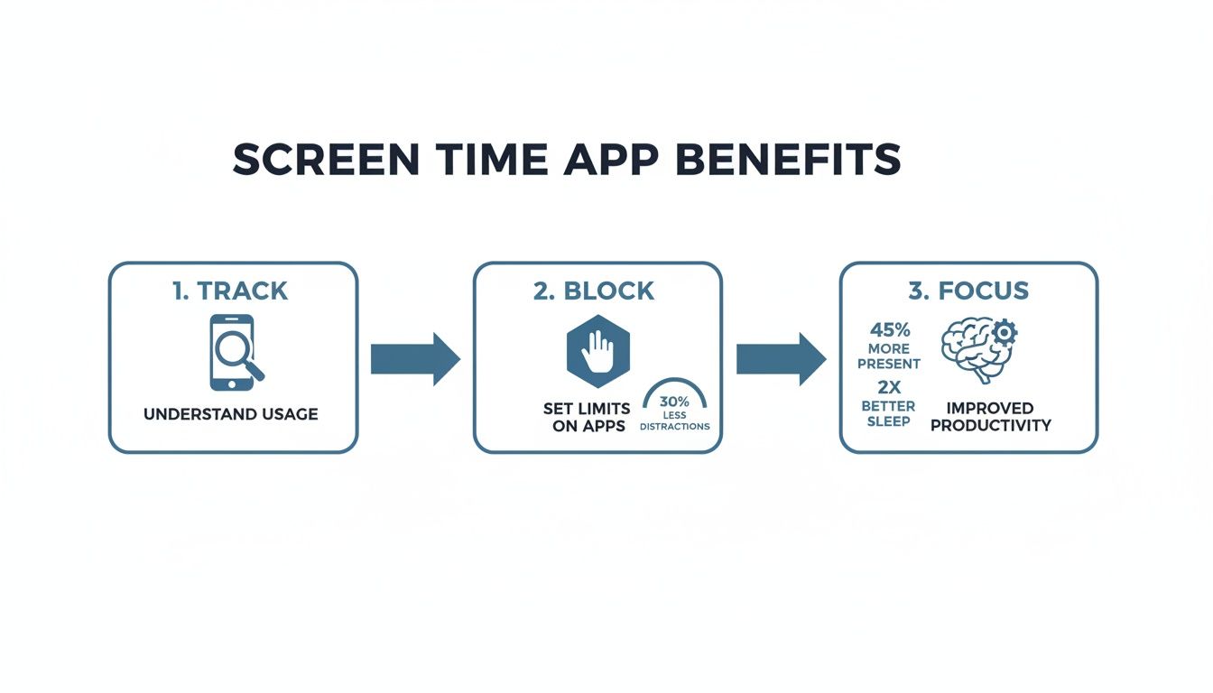 Infographic showing screen time app benefits: track usage, block apps, and improve focus, productivity, and sleep.