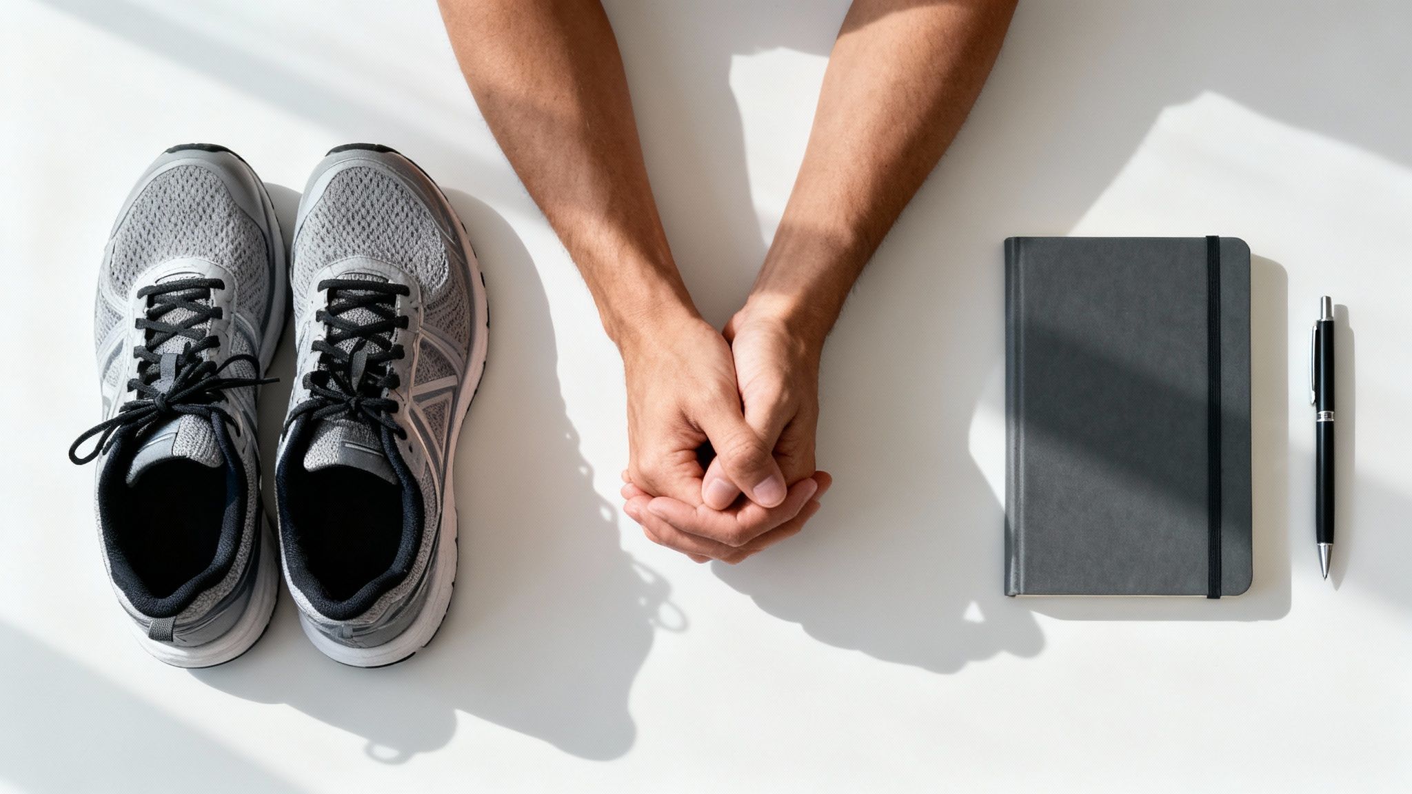 Overhead shot of running shoes, clasped hands, a notebook, and a pen on a white surface.