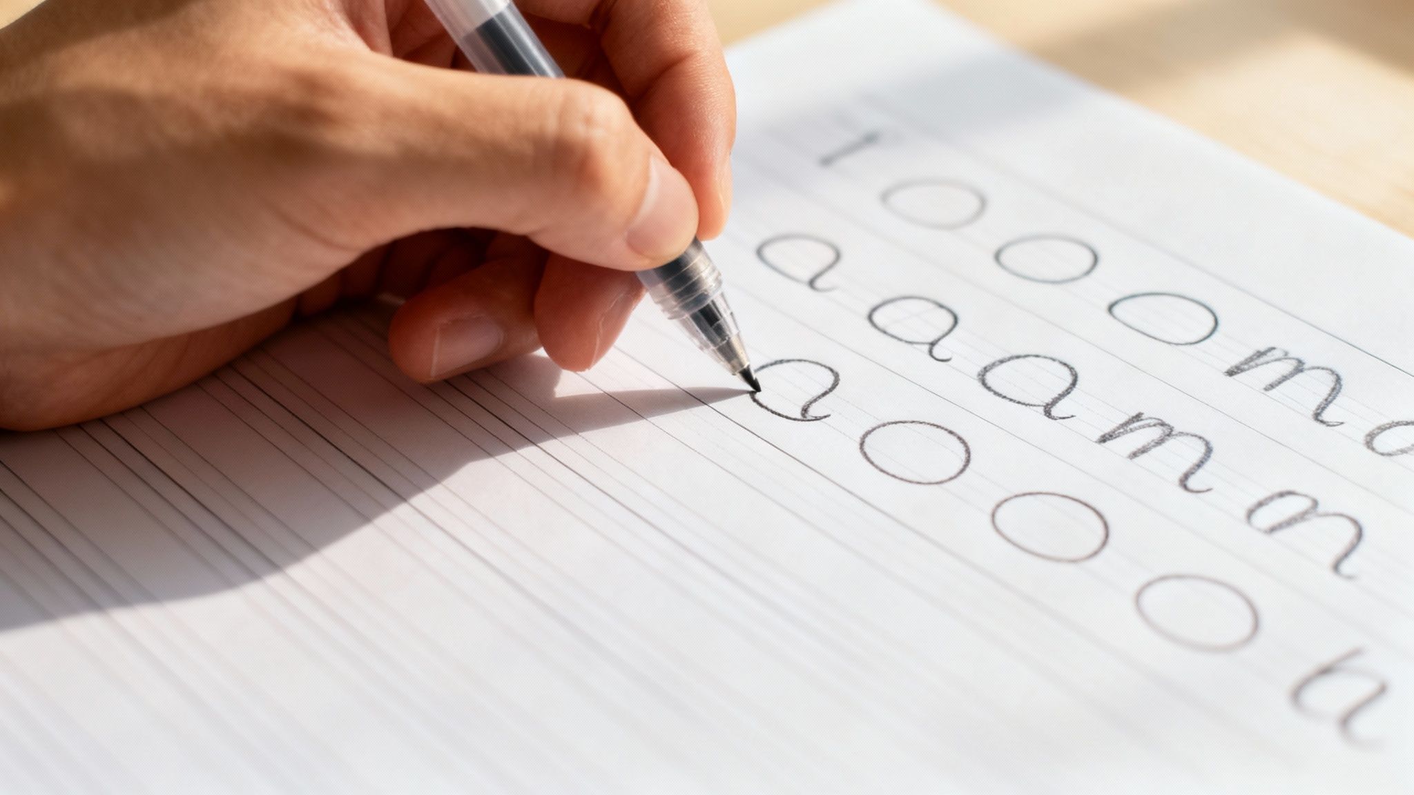A close-up shot of a hand holding a pen and practicing writing letters on lined paper.