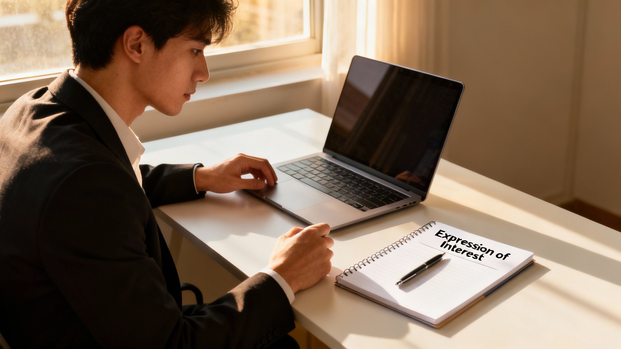 A young man in a suit works on a laptop, next to a notebook with ' How to Write Expression of Interest'.
