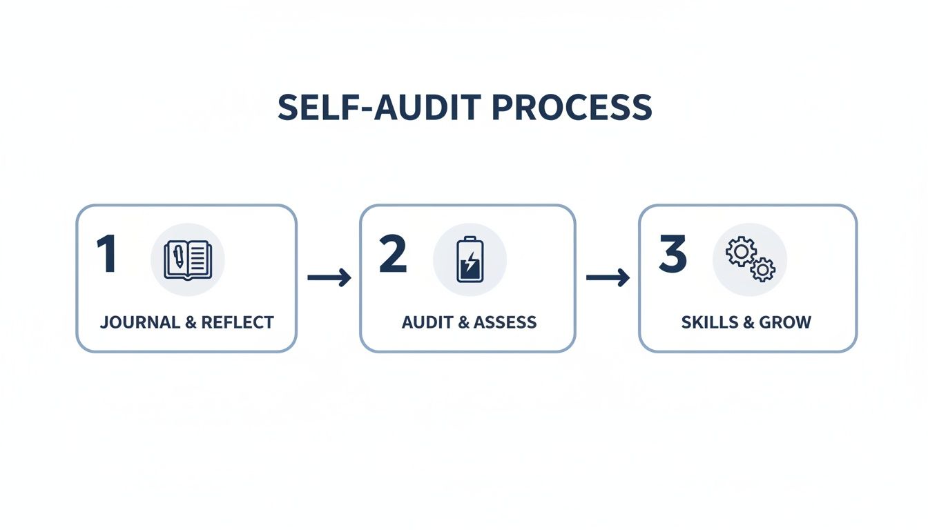 Diagram illustrating a three-step self-audit process for personal and professional growth.