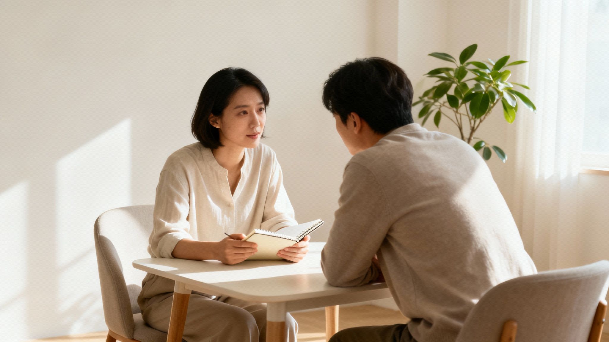 An Asian woman takes notes while consulting with a man in a bright room.