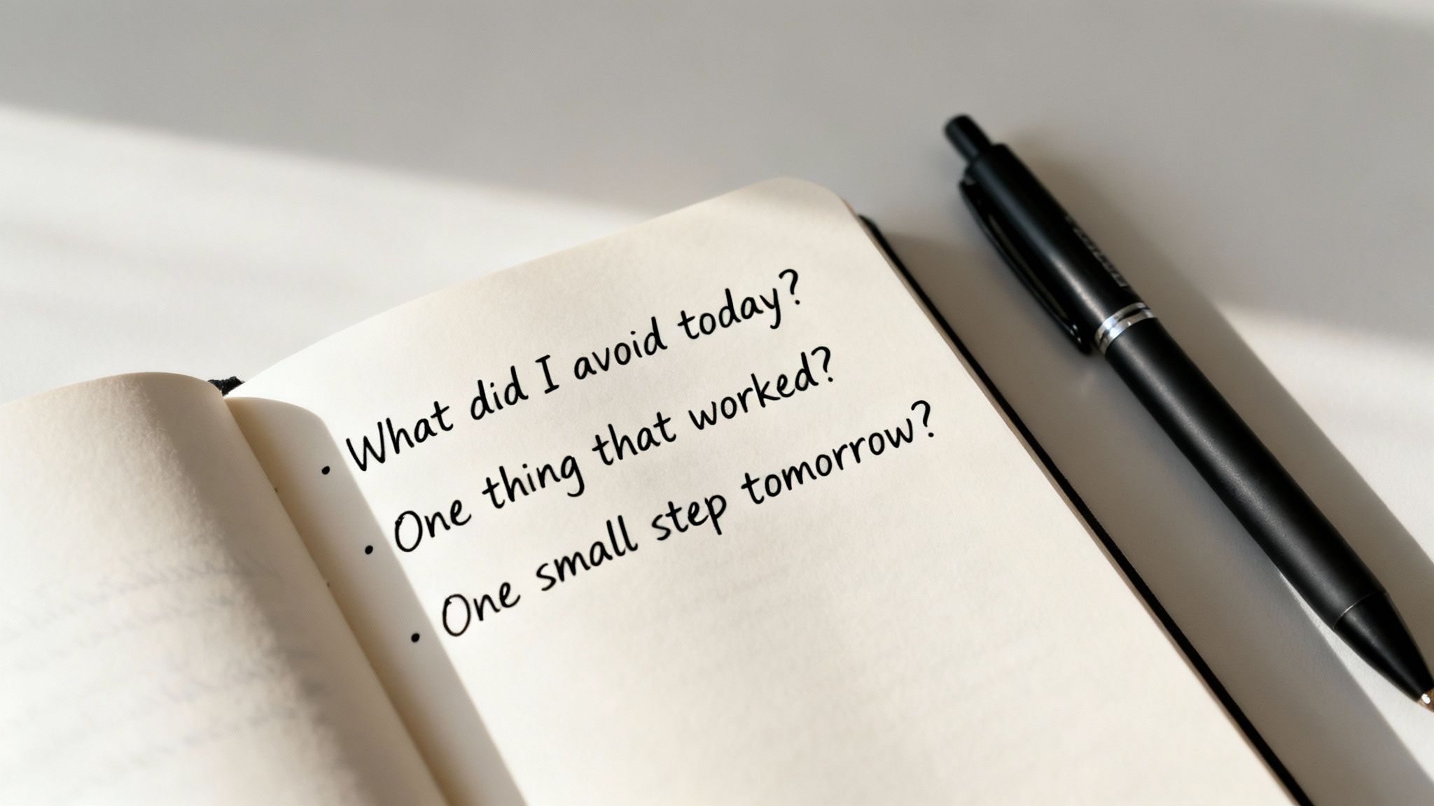 Open journal displaying self-reflection questions: 'What did I avoid today?' with a black pen.