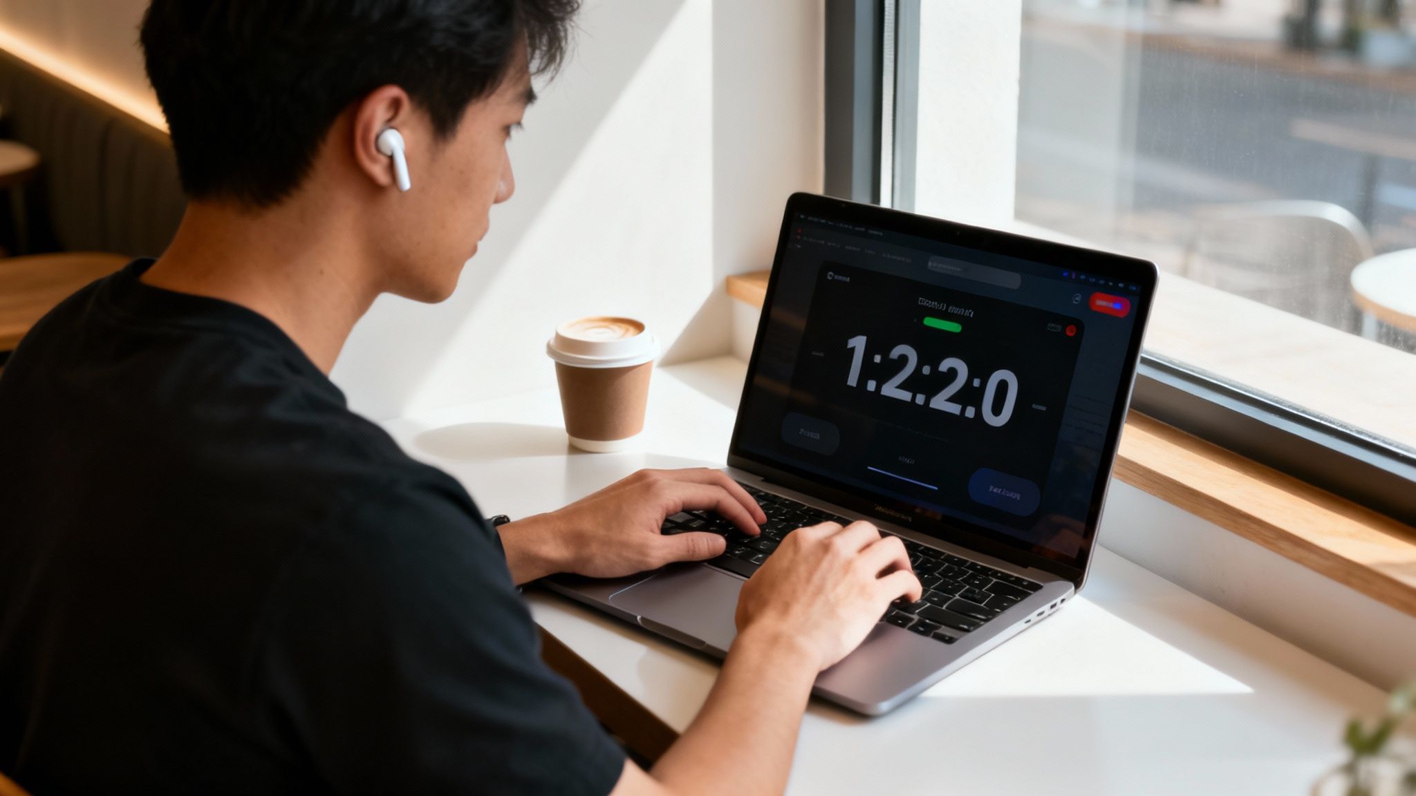 A young man with earbuds types on a laptop showing a timer, with a coffee cup nearby.