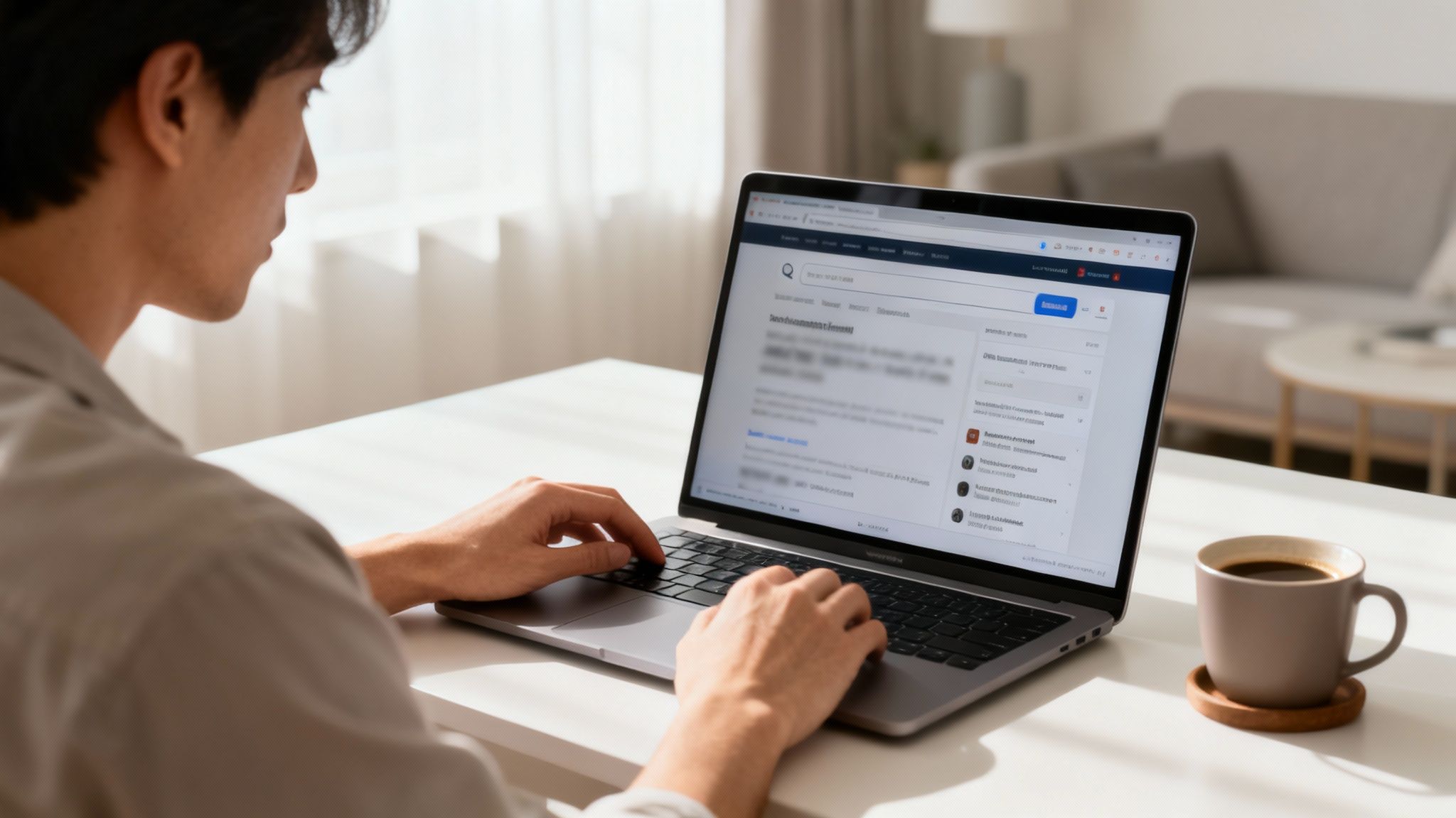 A man in a light shirt focused on typing on a silver laptop at a white desk looking for a life coach online, with a coffee mug.