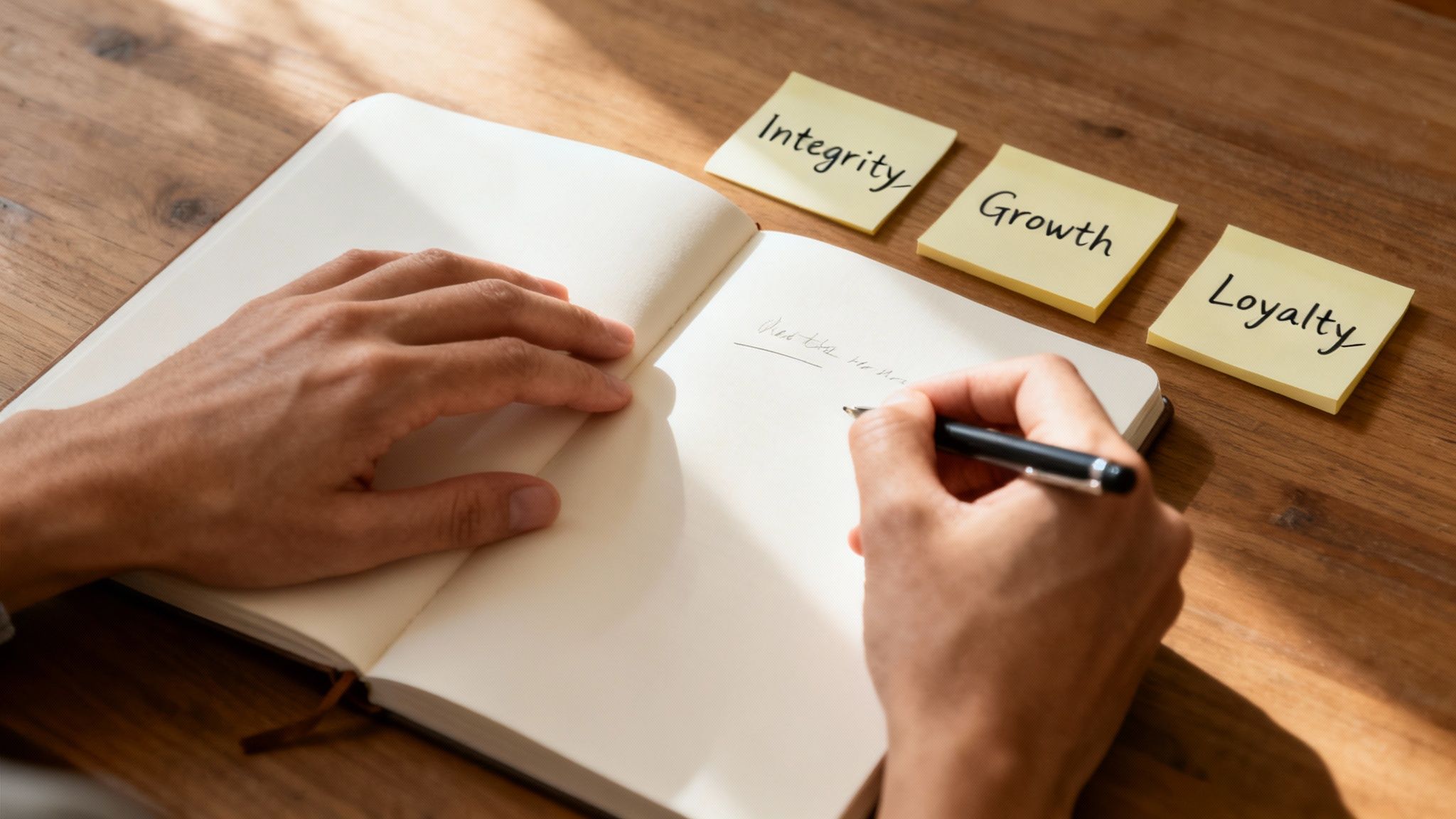 A person writes in a notebook on a wooden desk, surrounded by sticky notes with integrity, growth, and loyalty.
