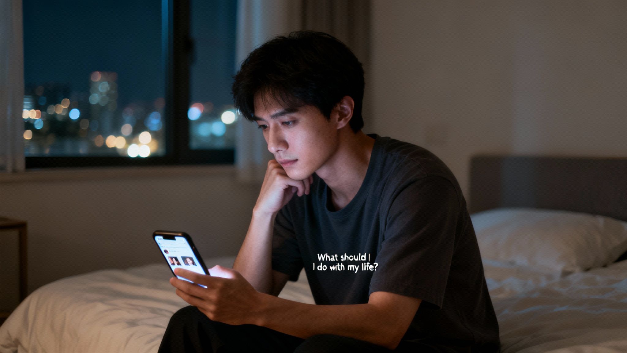 A thoughtful young man sits on a bed, looking at his phone with city lights outside, pondering "what should I do with my life?"
