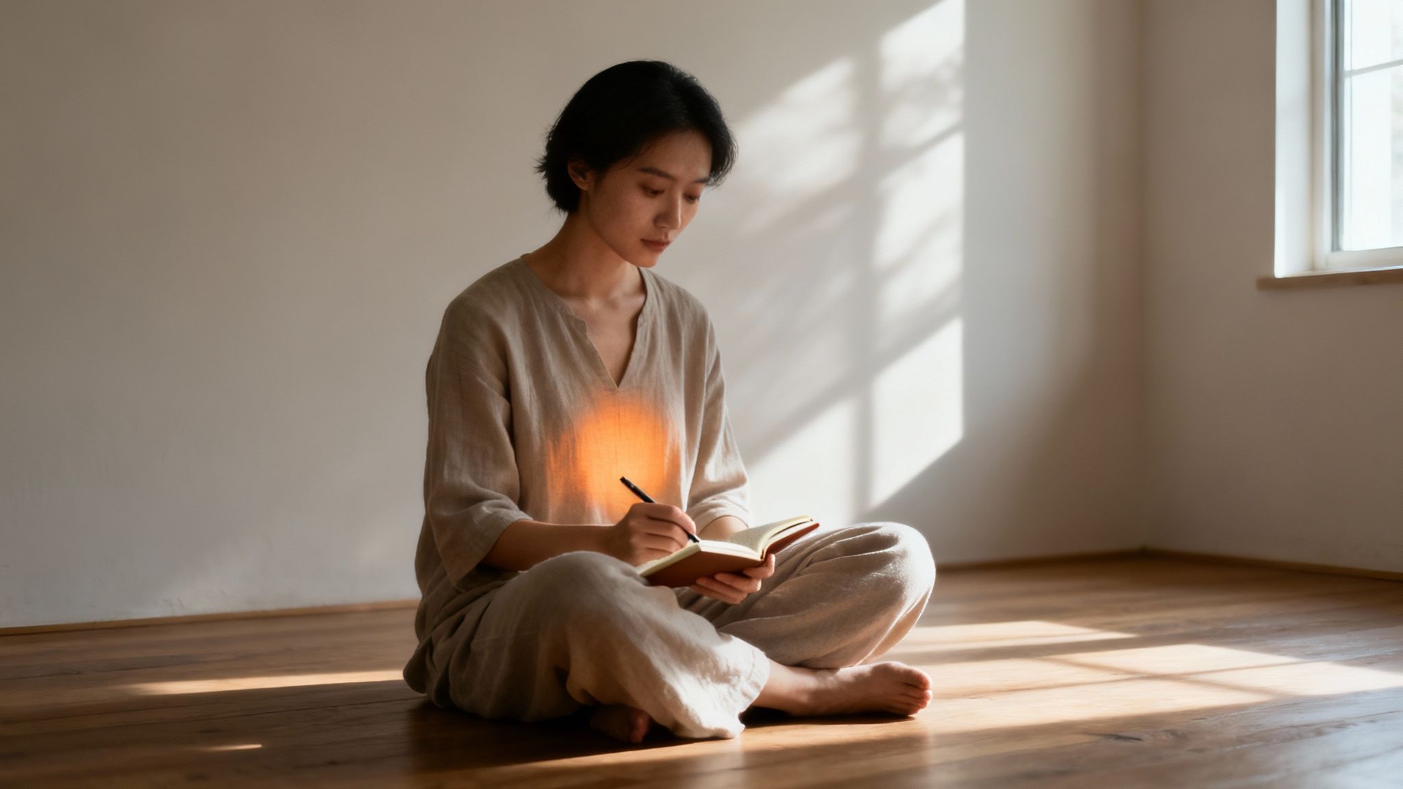 Young Asian woman journaling on a sunny wooden floor, dressed in comfortable, natural clothing, pondering Intrinsic vs Extrinsic Motivation.