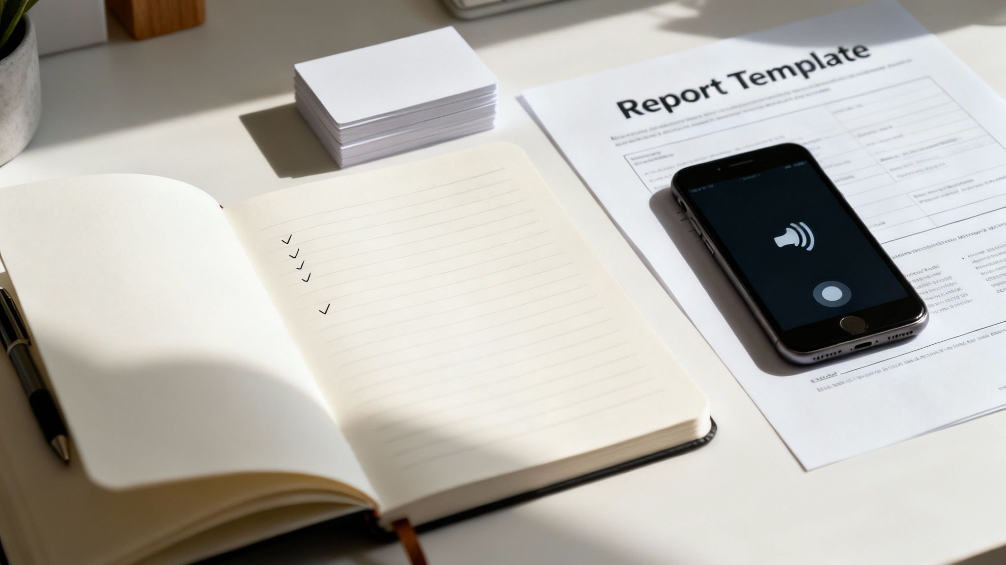 Bright desk with open notebook, pen, smartphone showing audio, 'Report Template' document, and blank cards.