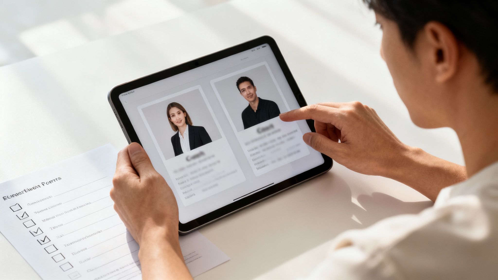 Hands hold a tablet showing online coach profiles while reviewing a checklist on a white desk.
