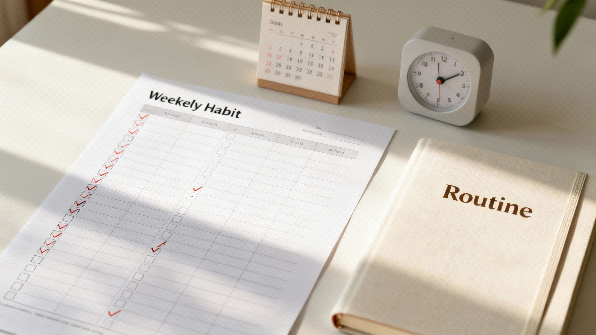 A minimalist desk setup with a weekly habit tracker, calendar, alarm clock, and 'Routine' notebook.